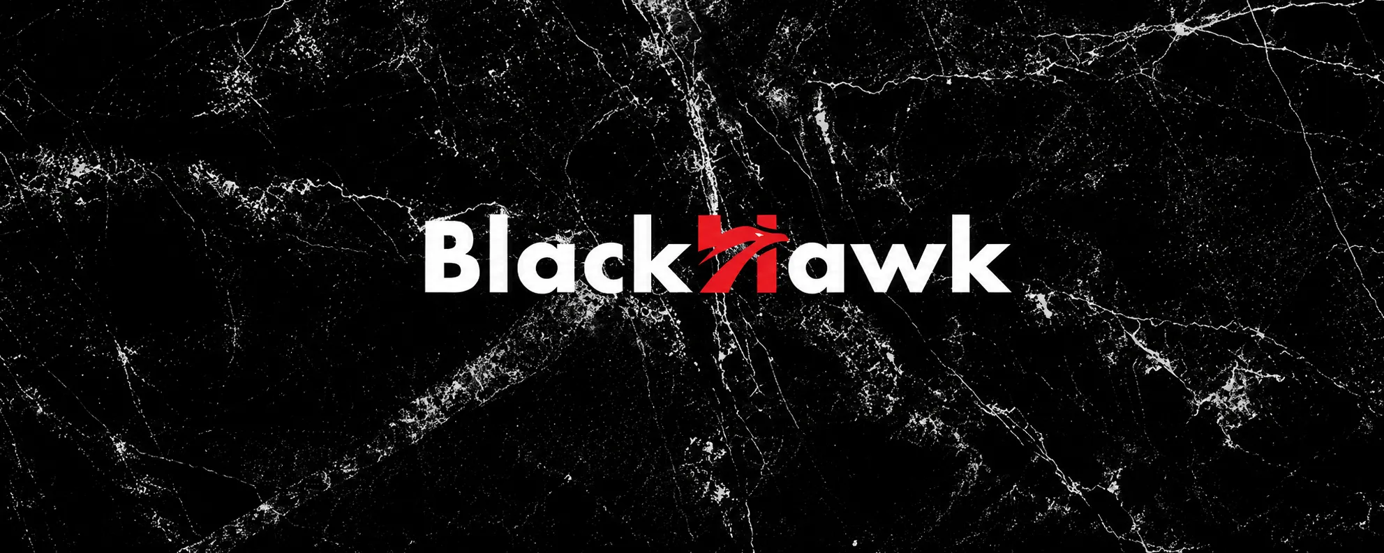 Blackhawk text logo with red stylized hawk silhouette on black marble background.