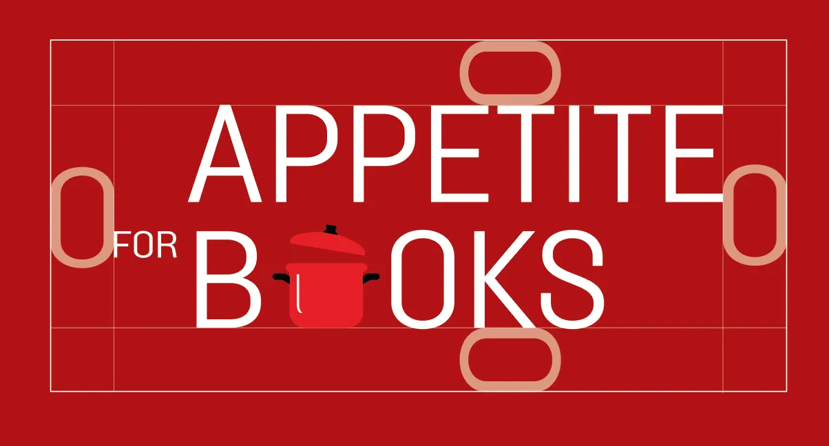 'Appetite for Books' text on red background with a red cooking pot icon replacing the letter O.