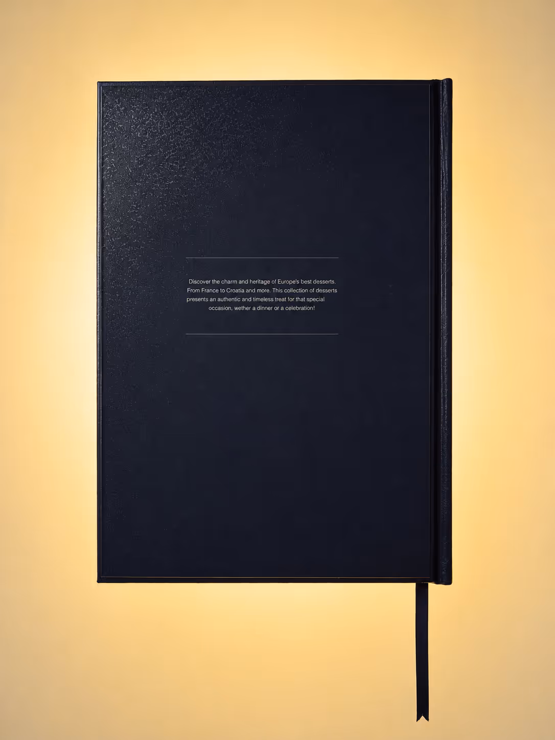 Black hardcover book with text about Europe's desserts on a yellow background.