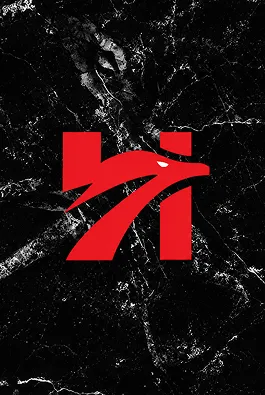 Red stylized hawk head logo on black marble background.