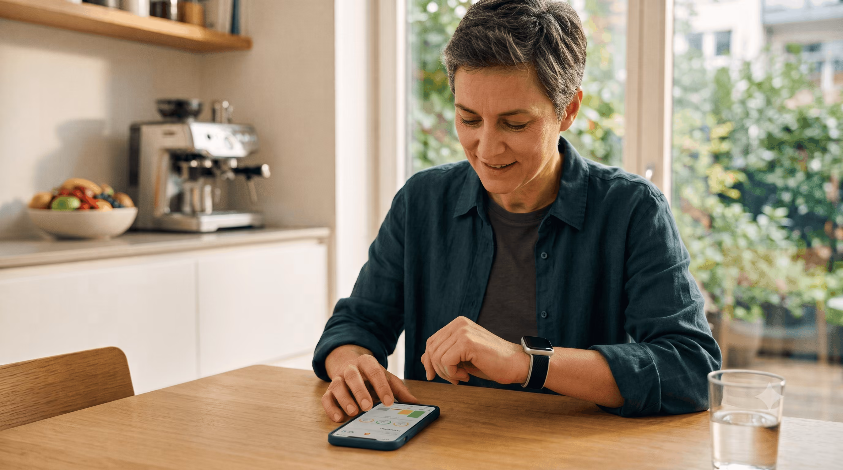 Frau sitzt am Tisch und schaut auf ihr Smartphone, trägt eine Smartwatch.