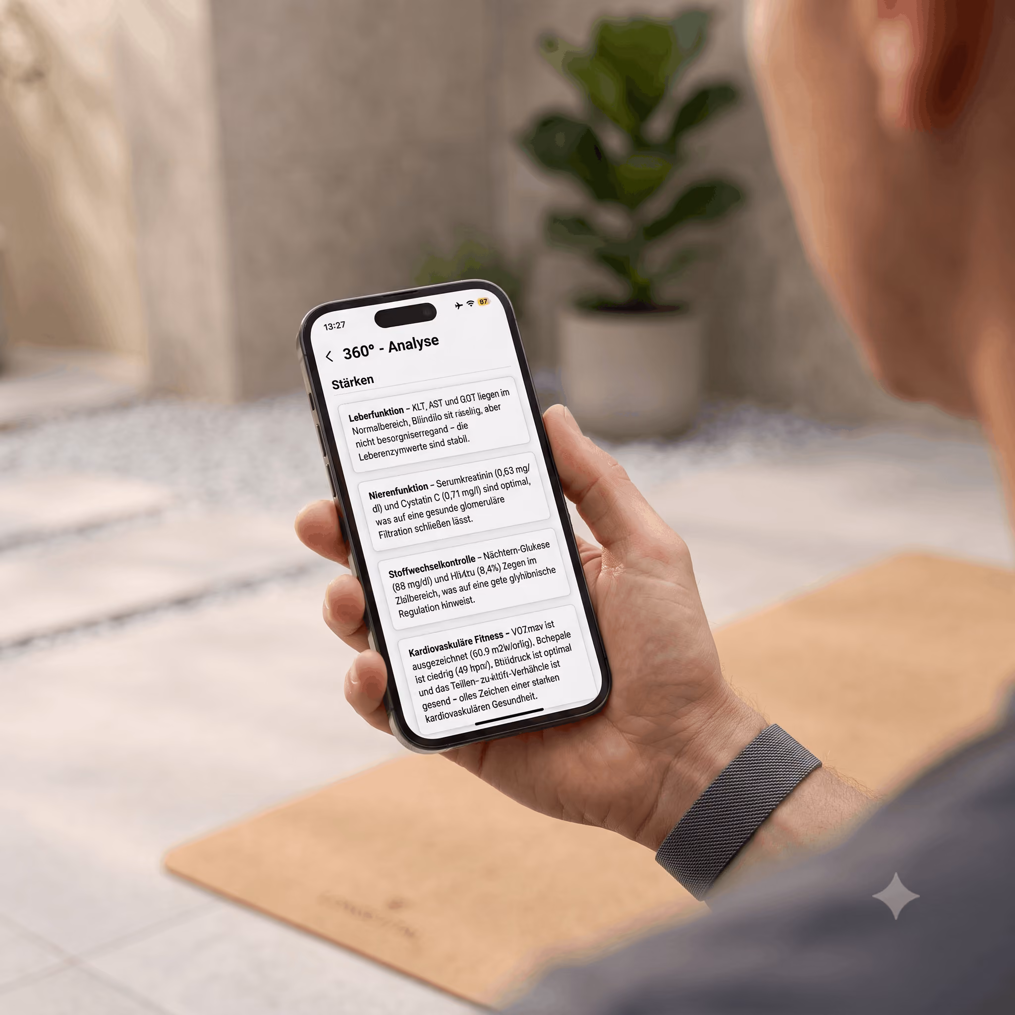 Person hält ein Smartphone, das eine Gesundheitsanalyse mit Leber-, Nieren- und Fitnesswerten in deutscher Sprache zeigt.