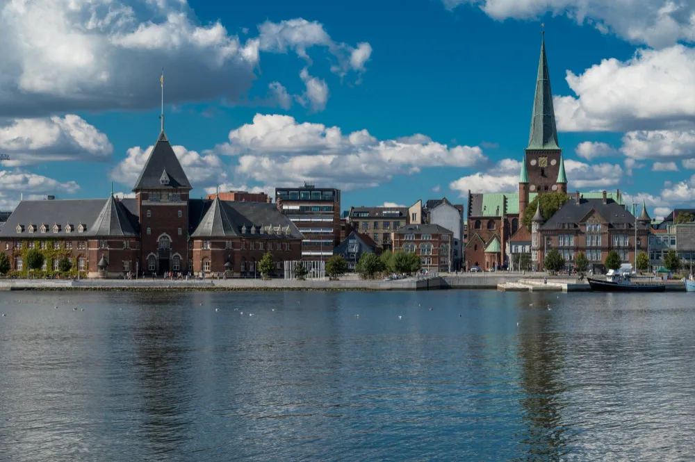 Aarhus harbour skyline with the cathedral spire