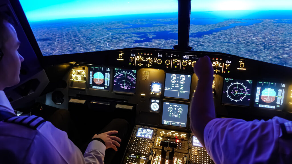 Two pilots in an A320 MCC simulator during a night approach