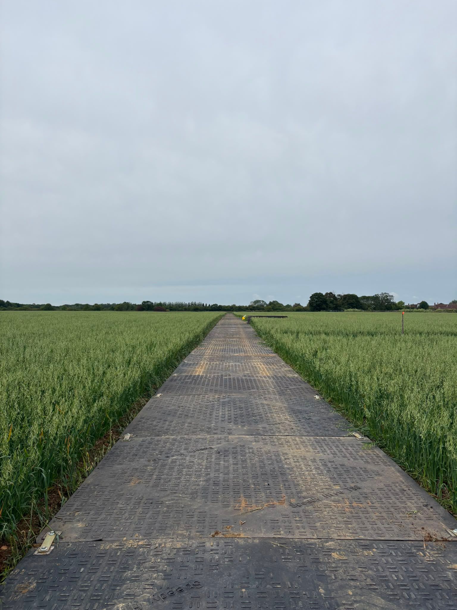 Trackway installation underway on a grassy field, showing the modular panels being laid by professional crews.