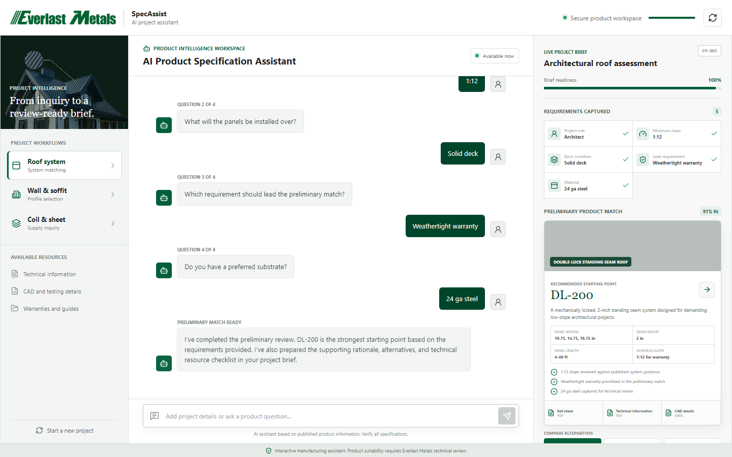 Everlast Metals - AI Chatbot for Manufacturing interface screenshot 1