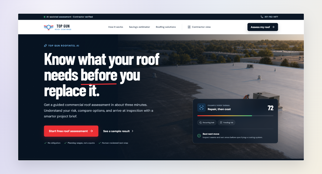 RoofIntel AI commercial roof assessment homepage for Top Gun Roof Coatings