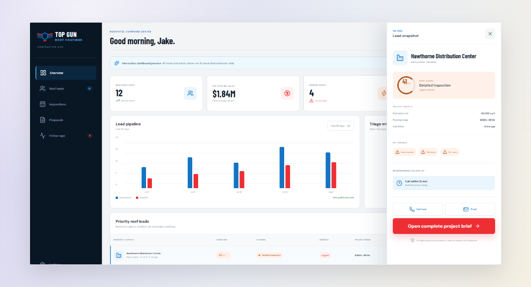Contractor dashboard for roofing lead scoring and triage