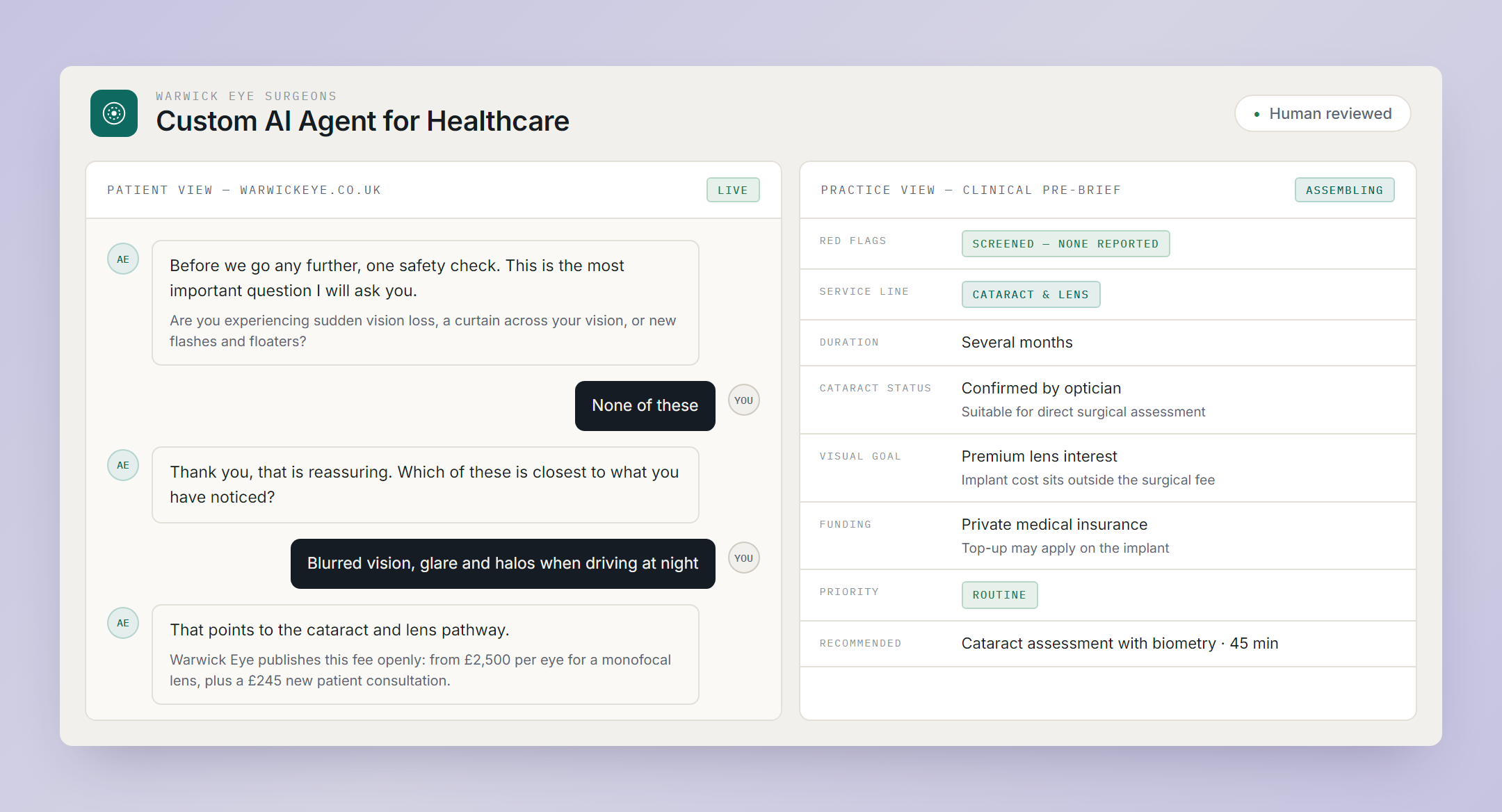 Custom AI agent for healthcare patient conversation and live clinical pre-brief