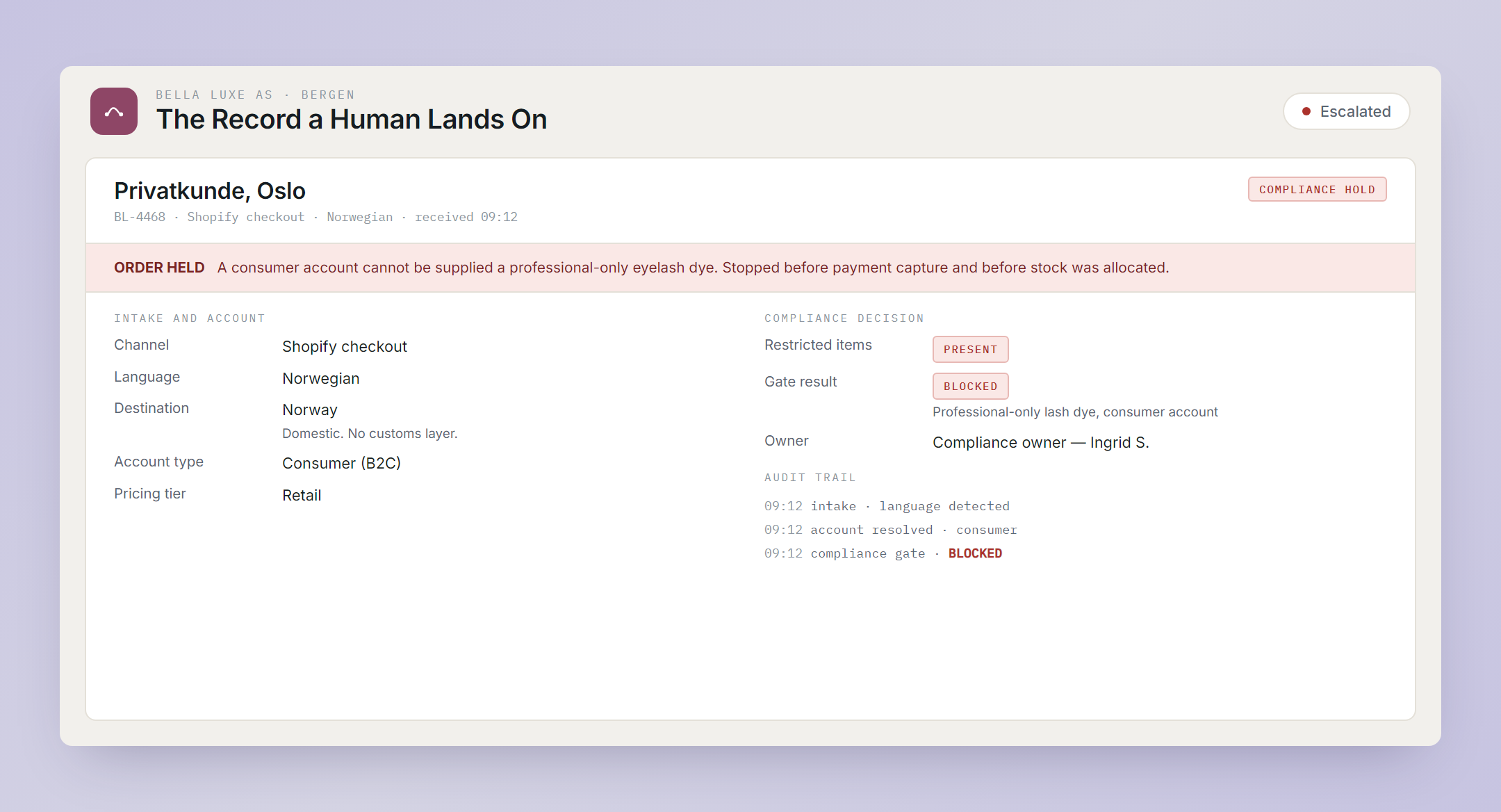 Automated order record and audit trail for a held e-commerce order