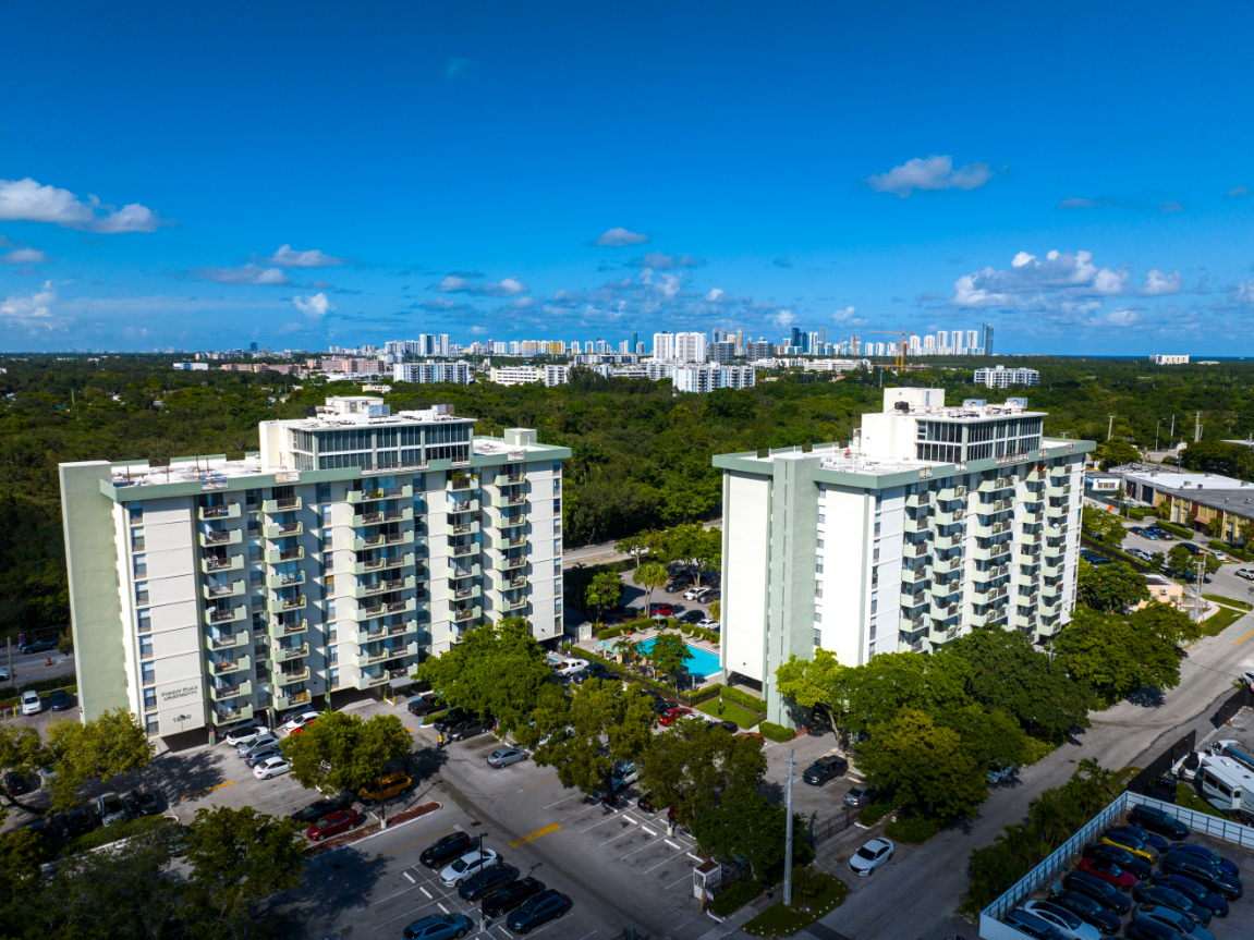 Drone shot of exterior and surrounding area