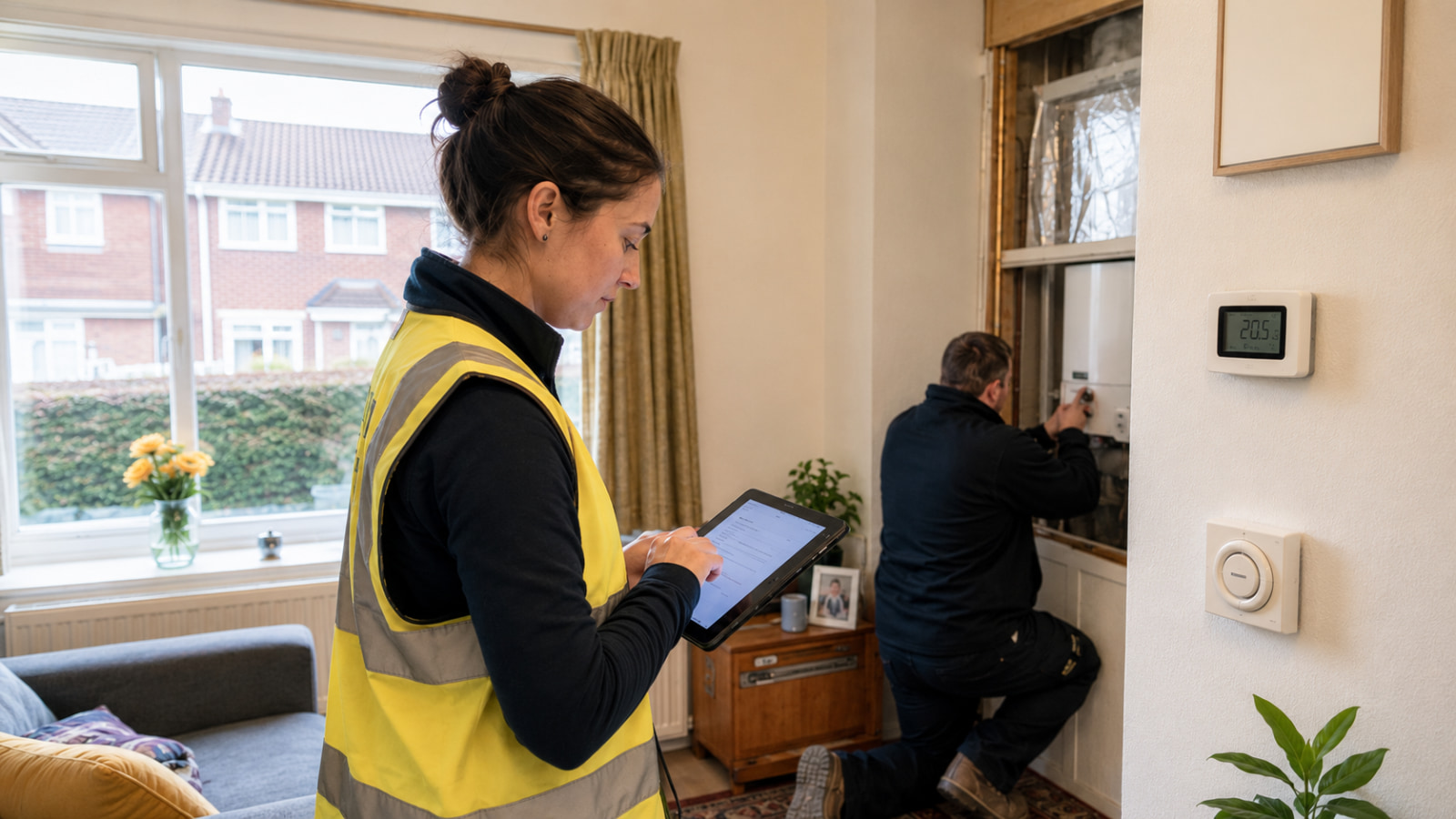 Assessor reviewing home energy efficiency works during a technical monitoring visit.