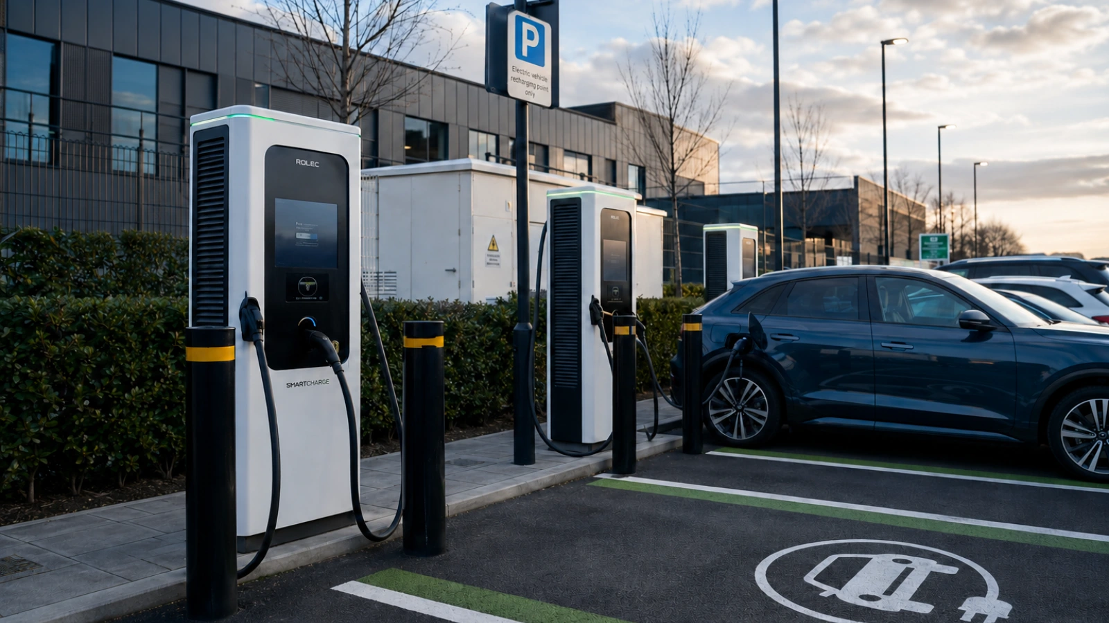 EV chargers in a car park as part of future energy infrastructure planning.