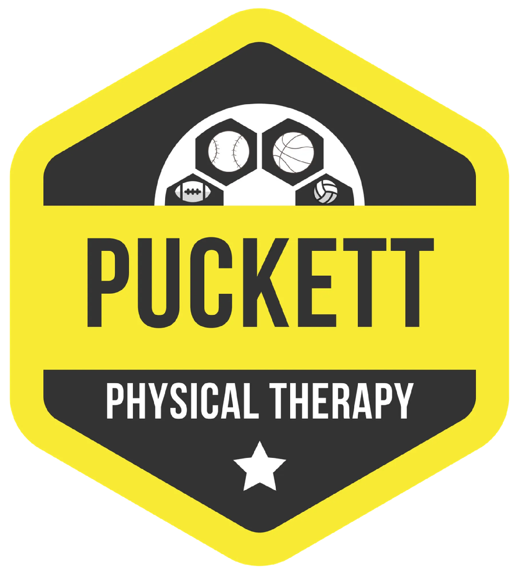 Puckett Physical Therapy logo with a yellow and black hexagon and sports balls symbols.