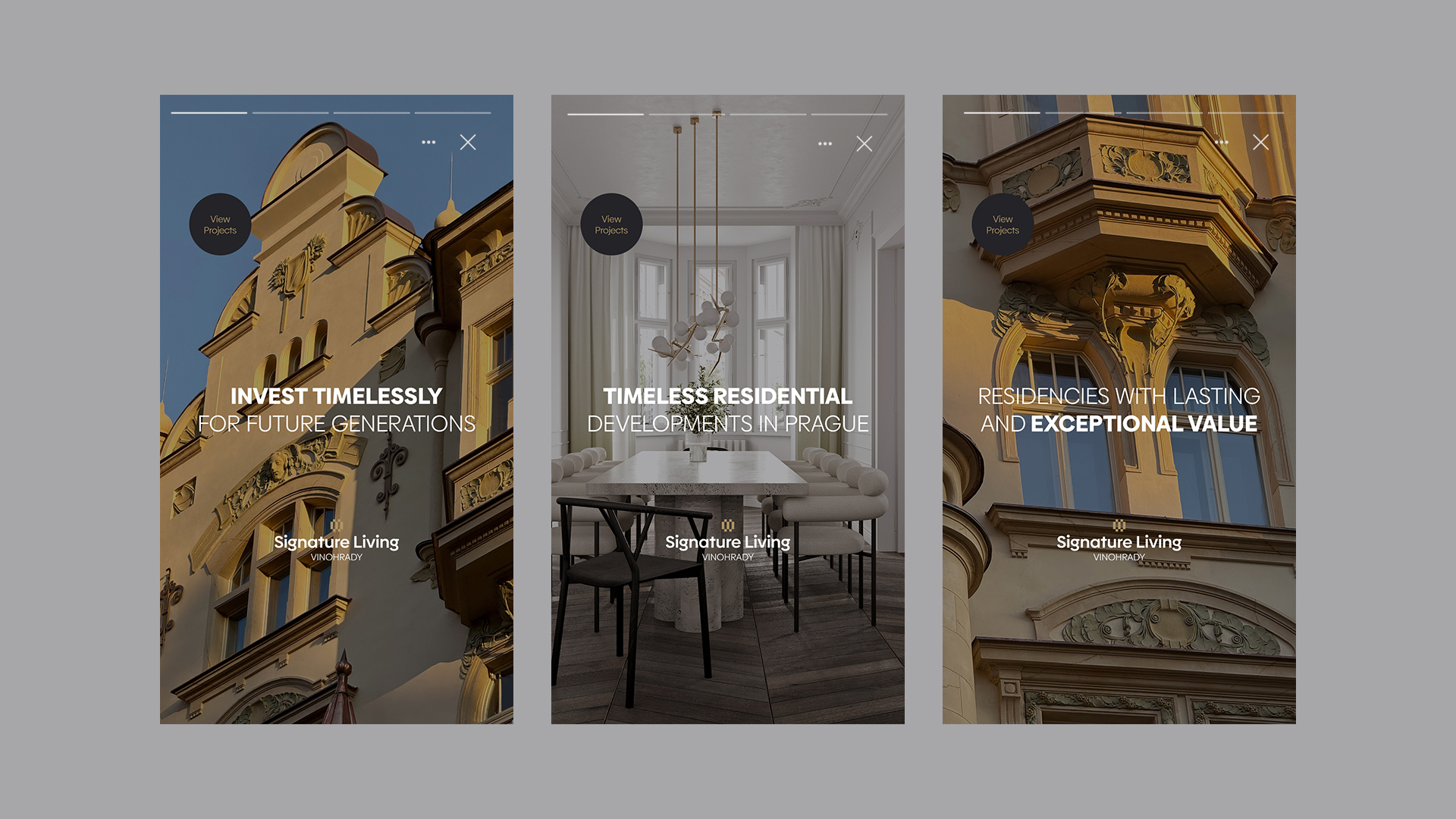 Three Signature Living Vinohrady ads: ornate building, modern dining room, and detailed architectural facade.