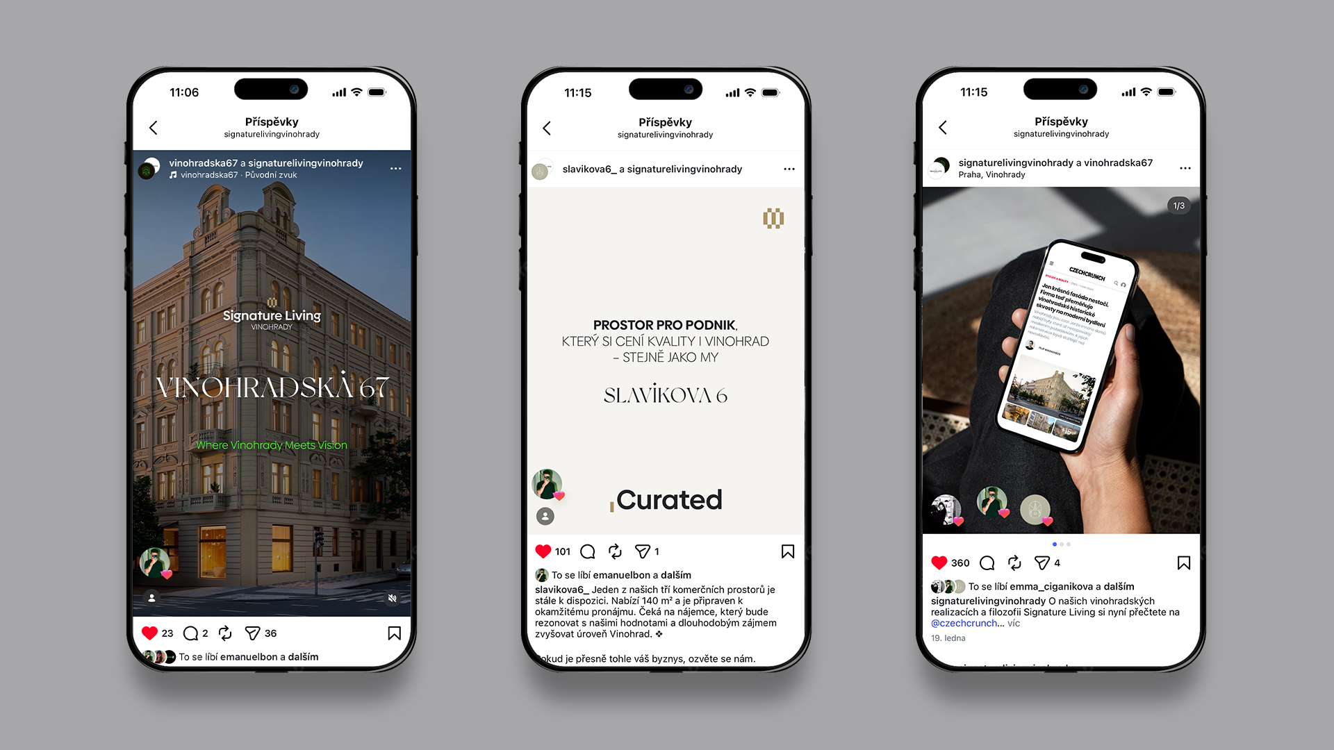 Three smartphones show Instagram posts about Signature Living Vinohrady real estate in Czech language.