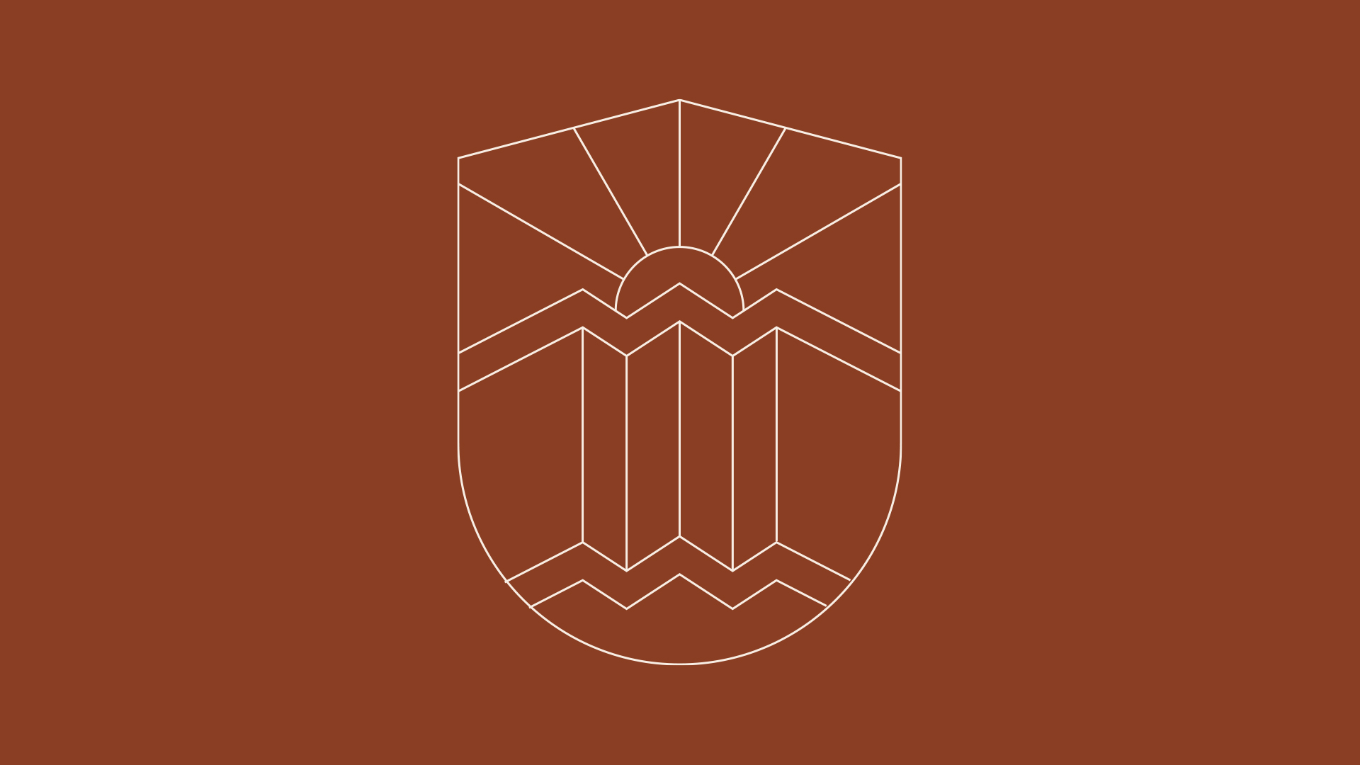 Minimalist line art shield with sun rising over mountains and zigzag river on brown background.