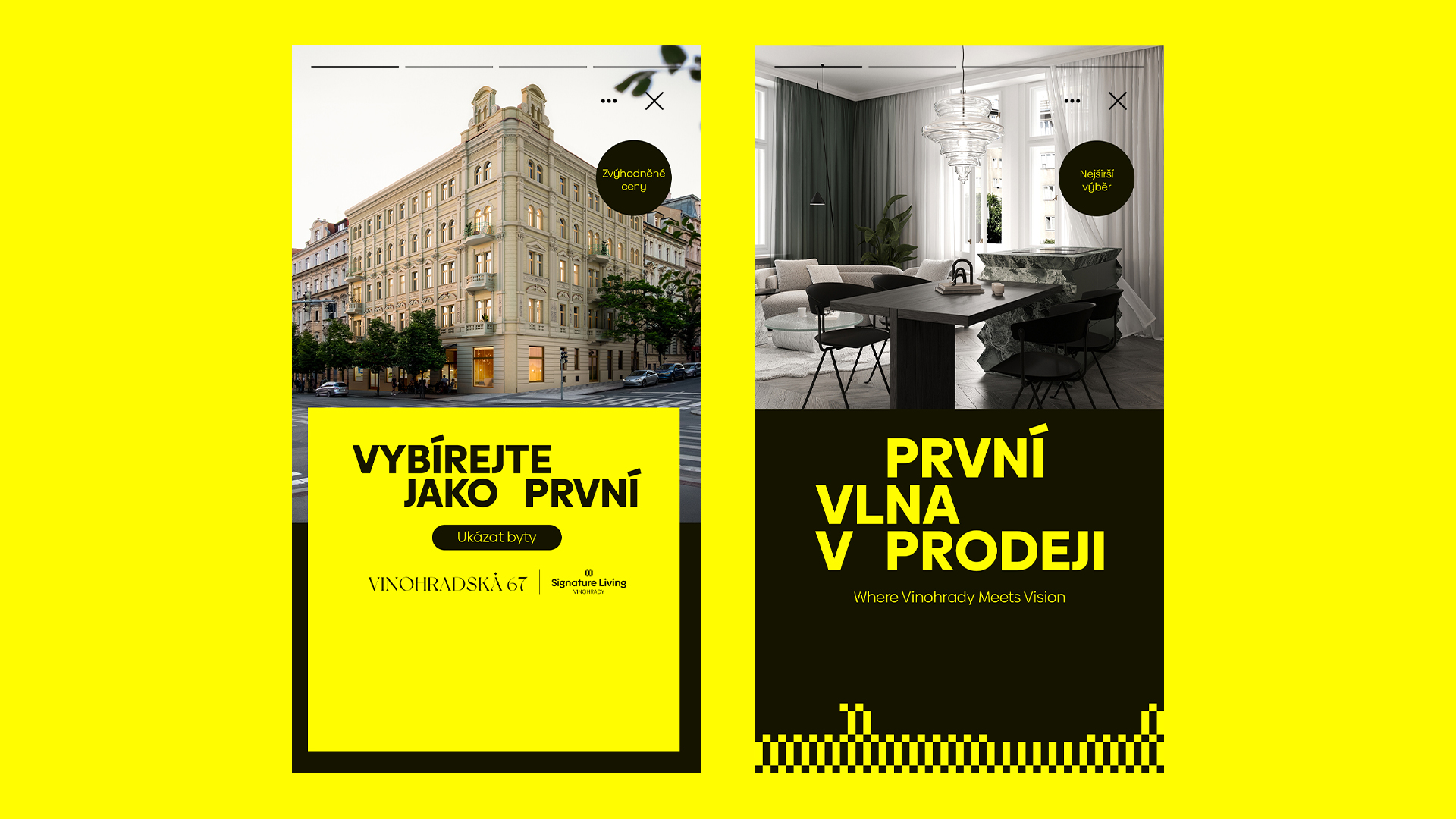 Promotional ads showing a historic building and a modern living room for Vinohradska 67 apartments.