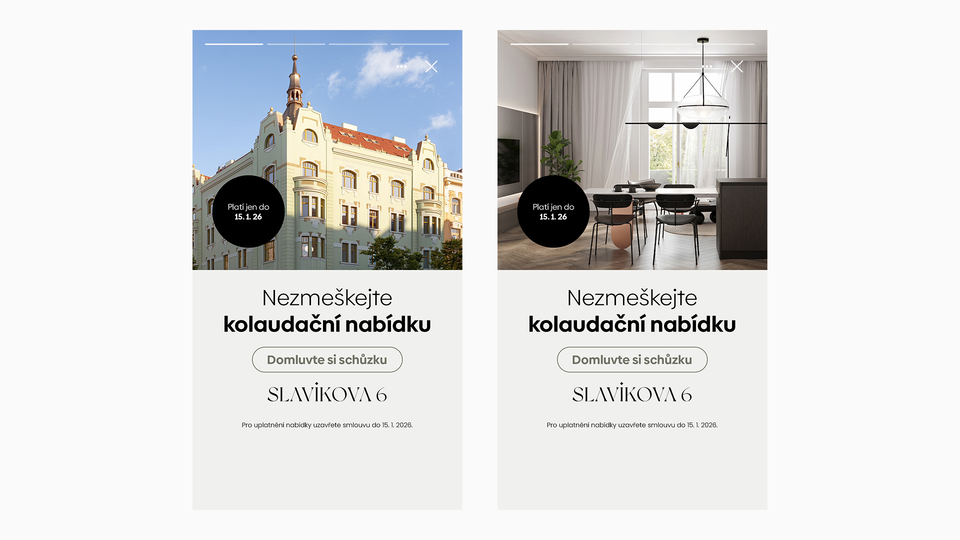 Side-by-side ads showing a historic building and a modern dining room with Czech text offers.