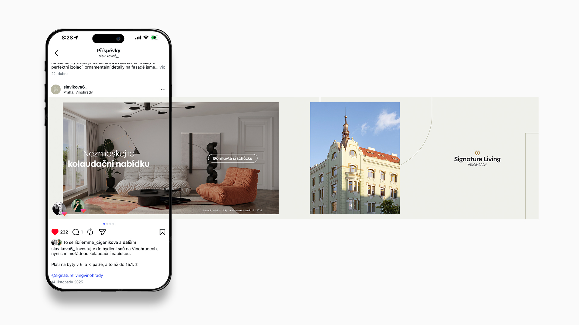 Mobile view of Instagram post promoting Signature Living Vinohrady with modern interior and historic building photo.