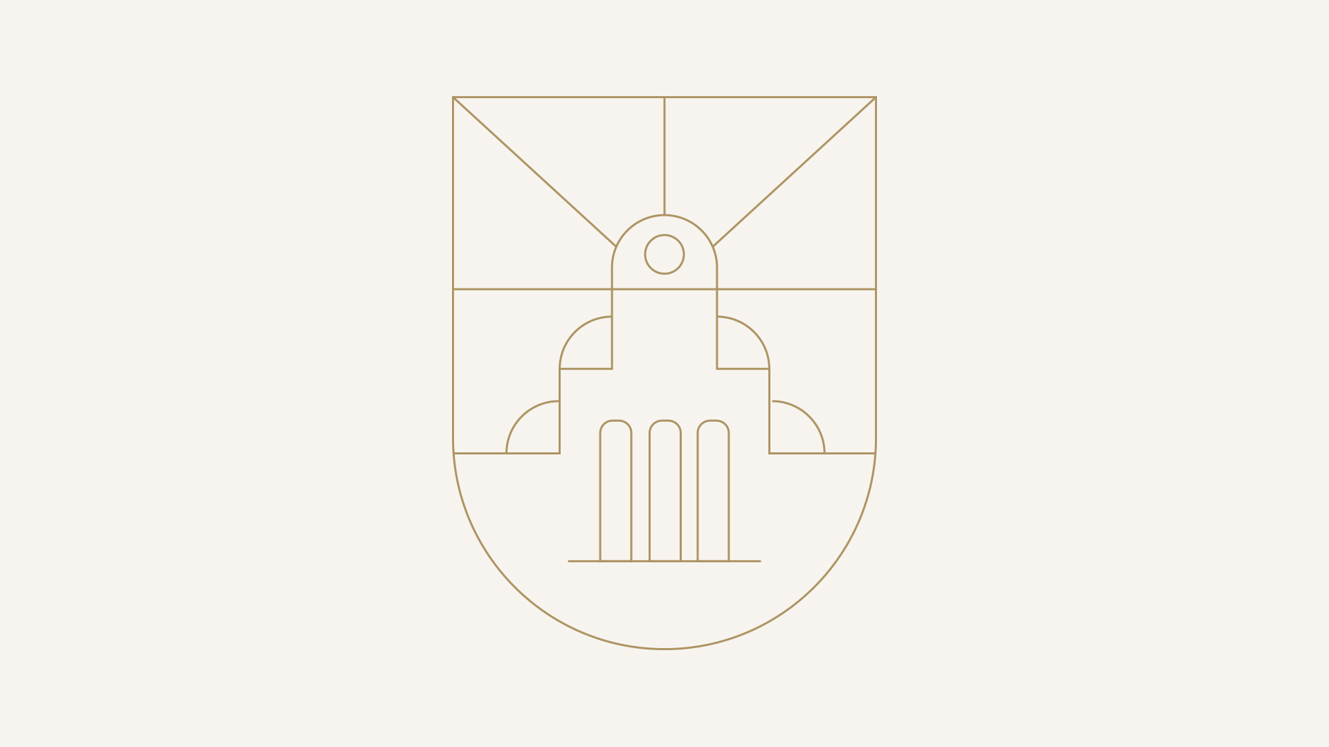 Simple line drawing of a shield with geometric shapes and an abstract central figure.