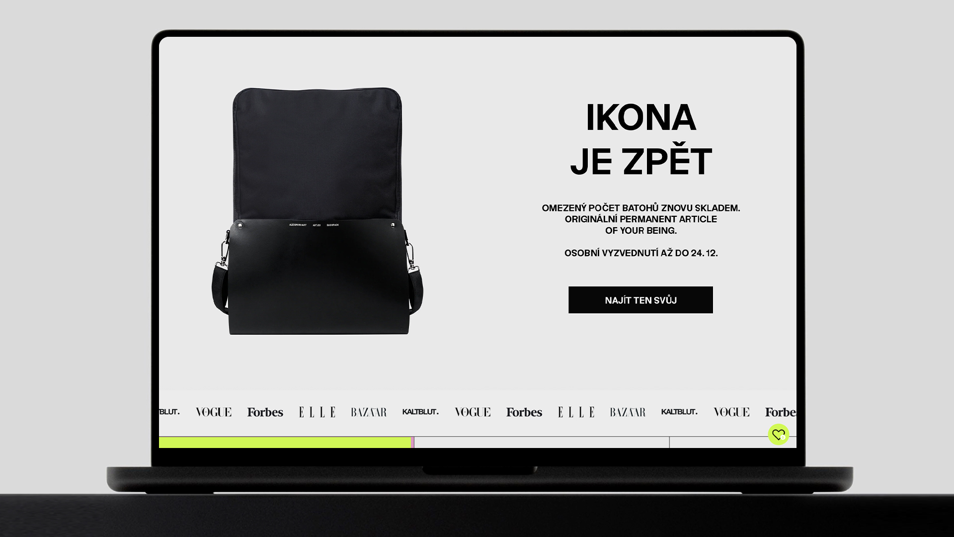 Black backpack with flap open displayed on a laptop screen with Czech text and a black button.