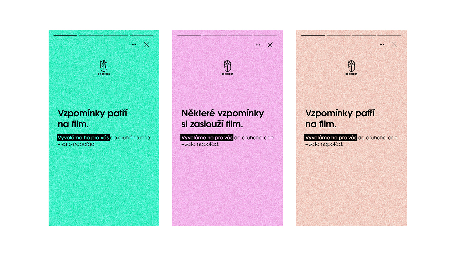 Three colored rectangular panels with Polagraph logo and Czech text about memories and film development.