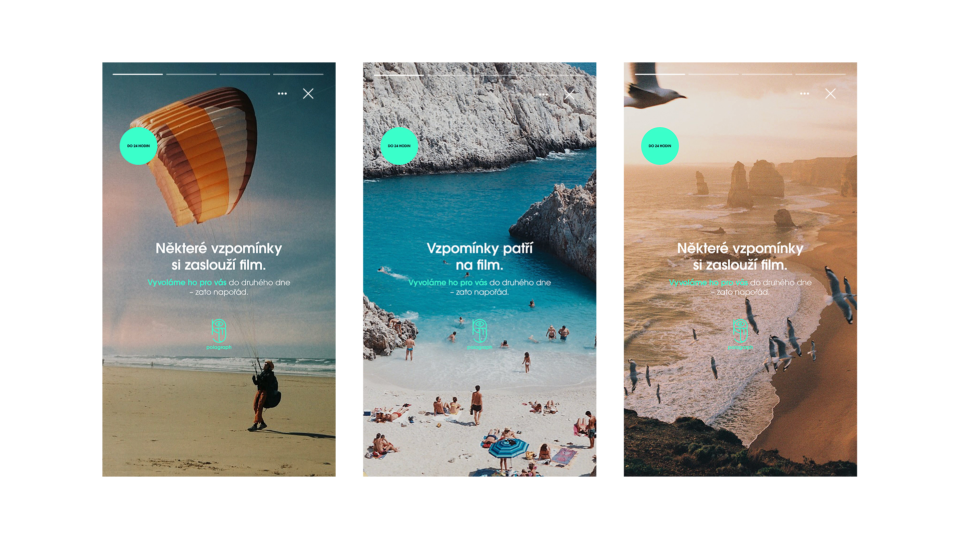 Three screens showing a person with a parachute, beach with people, and a coastal sunset with flying birds.