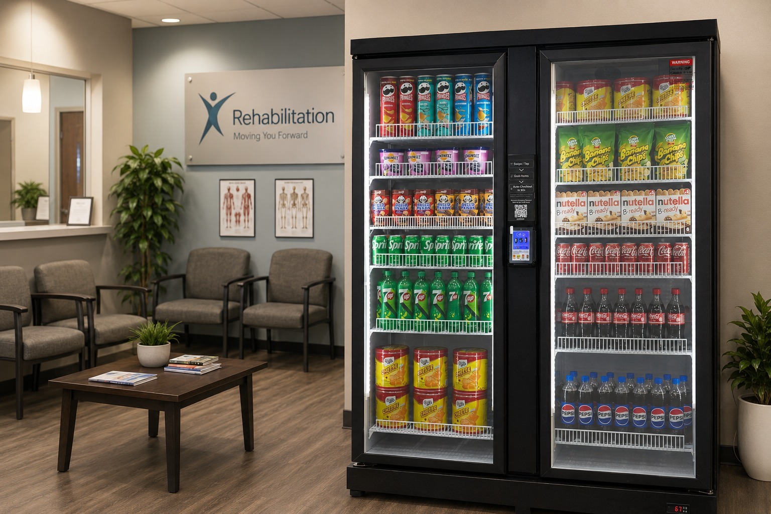 Stacked Vending smart vending machine stocked with snacks and drinks in a West Michigan rehab facility waiting room