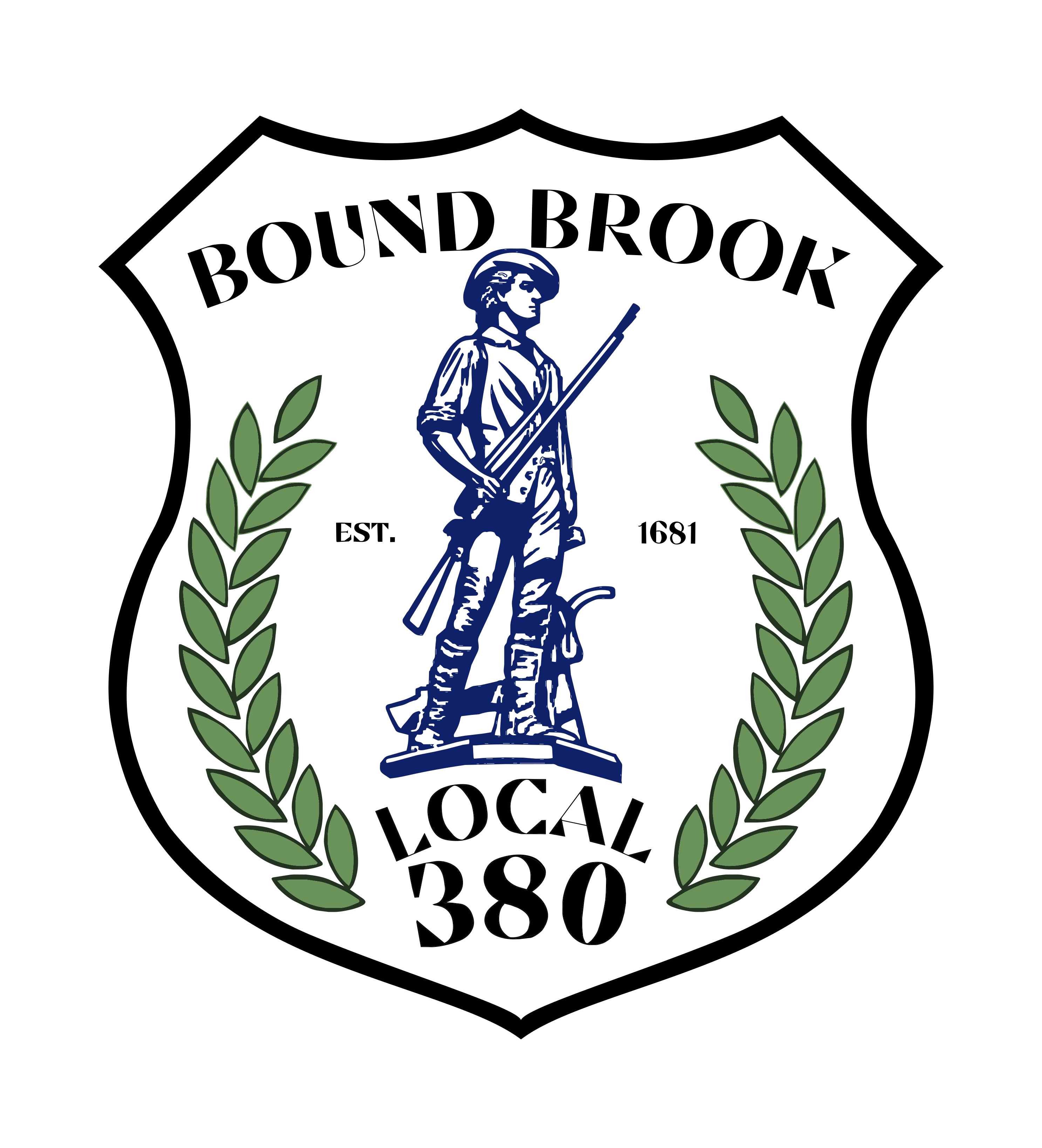 Silhouette of a soldier holding a rifle surrounded by two green laurel branches.