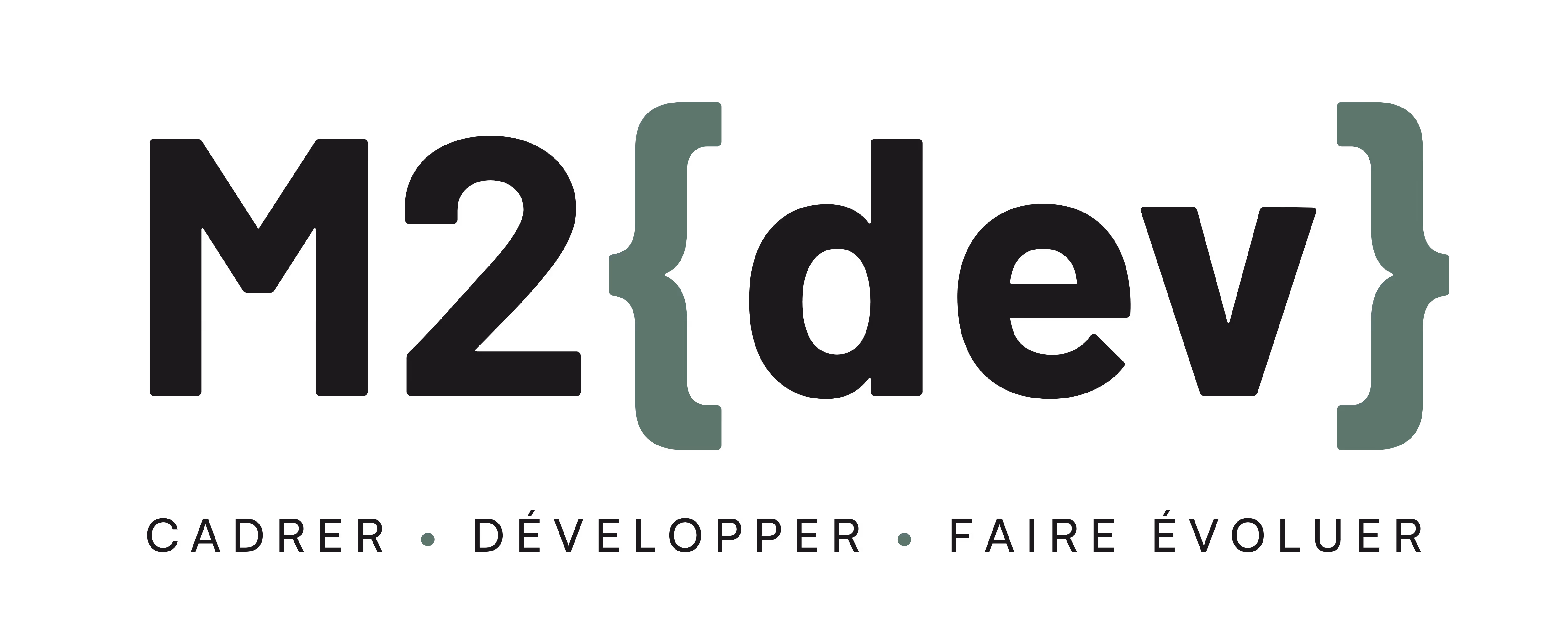 Logo m2dev avec slogan de l'entreprise Cadrer, développer, faire évoluer. Couleur foncée, sans fond