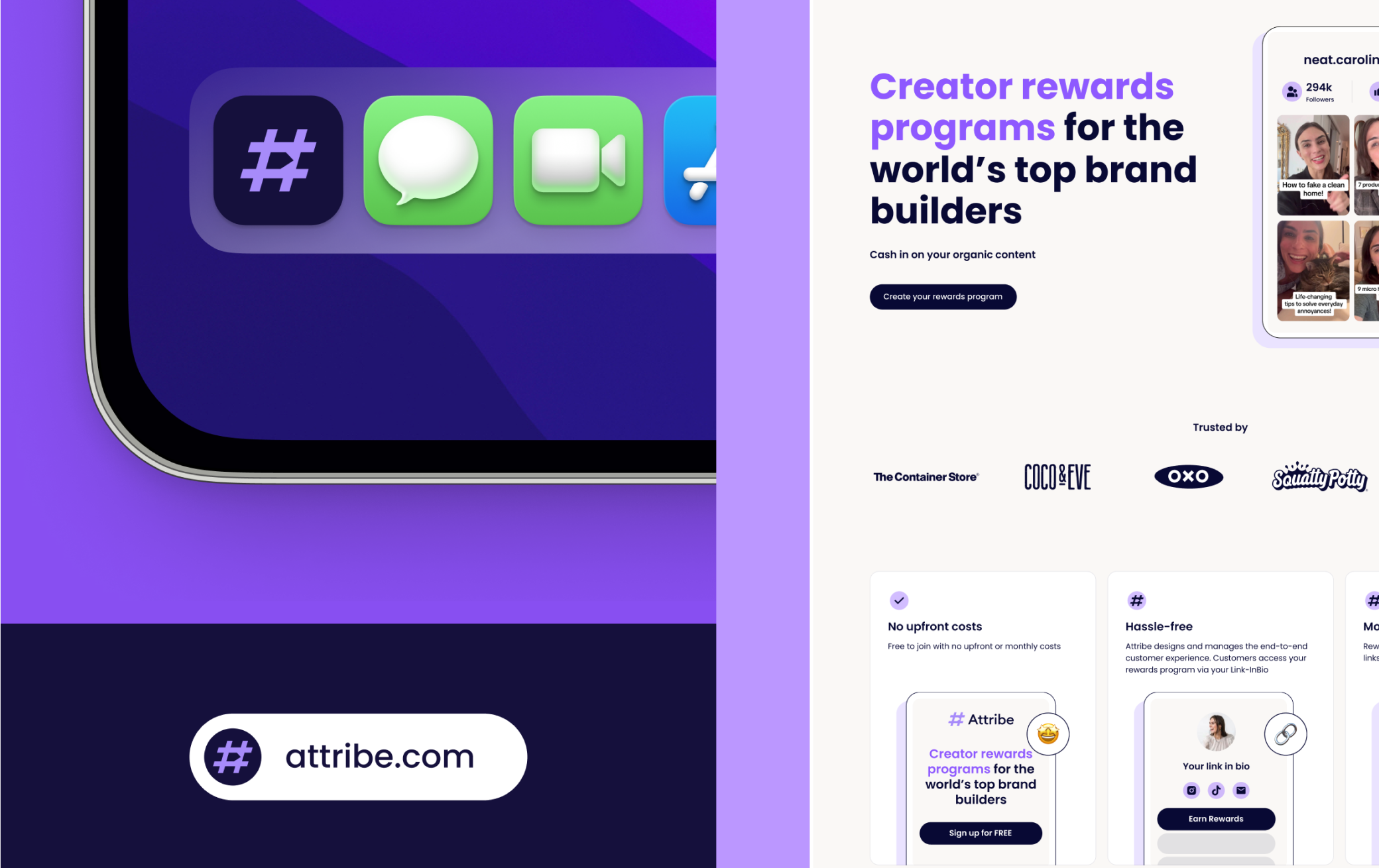 Collage showcasing the Attribe brand identity across the logo, website and supporting assets.