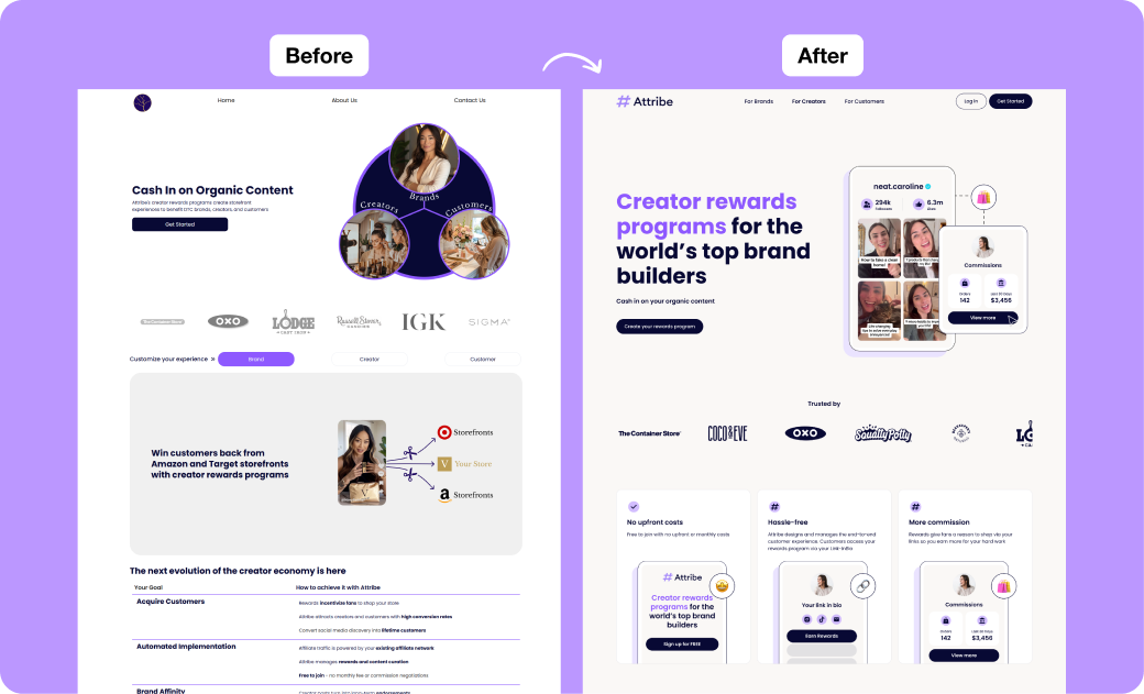 Before and after comparison highlighting the transformation of the Attribe website.