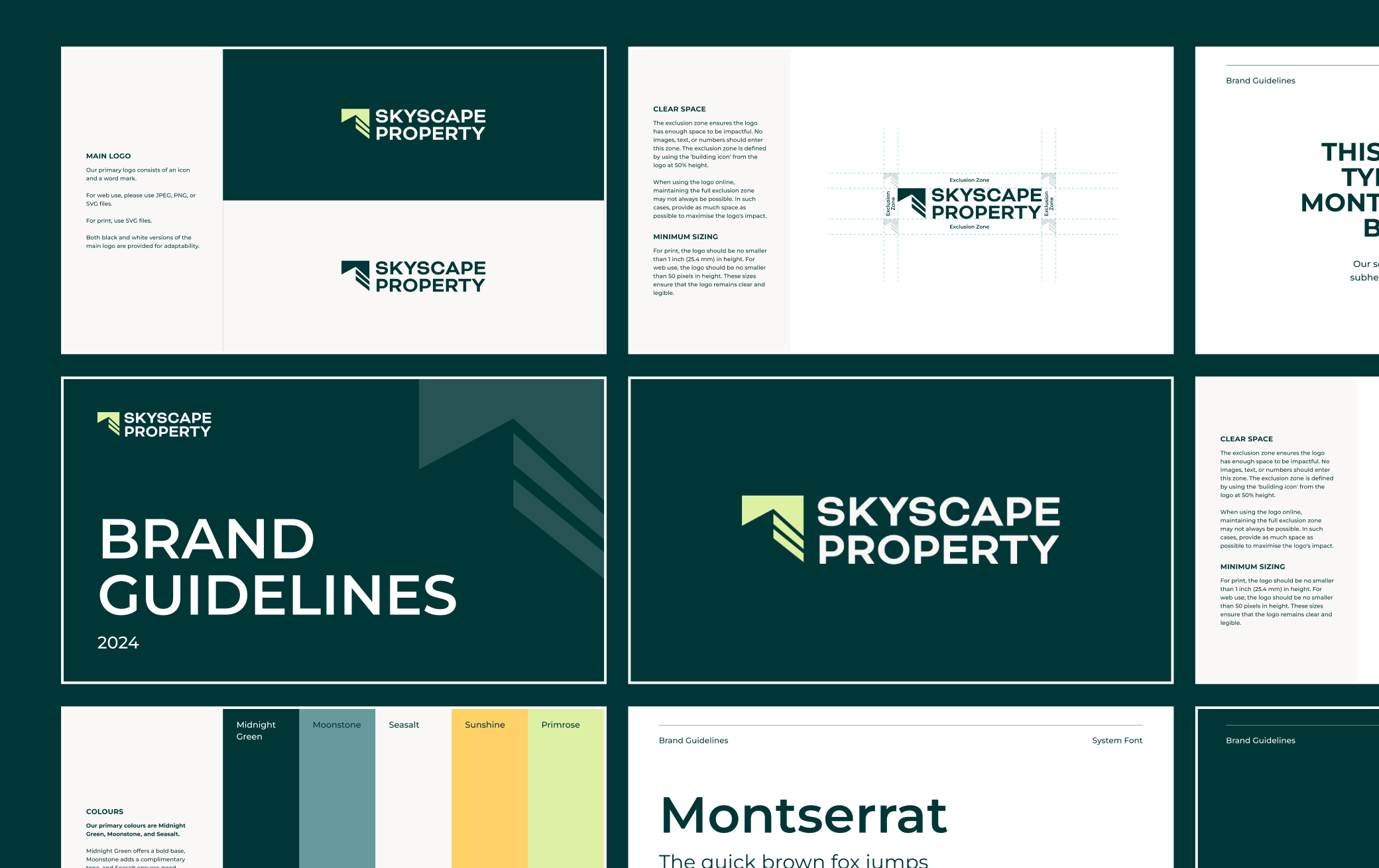 Brand guidelines created for Skyscape Property, defining the logo, colours, typography and visual identity.