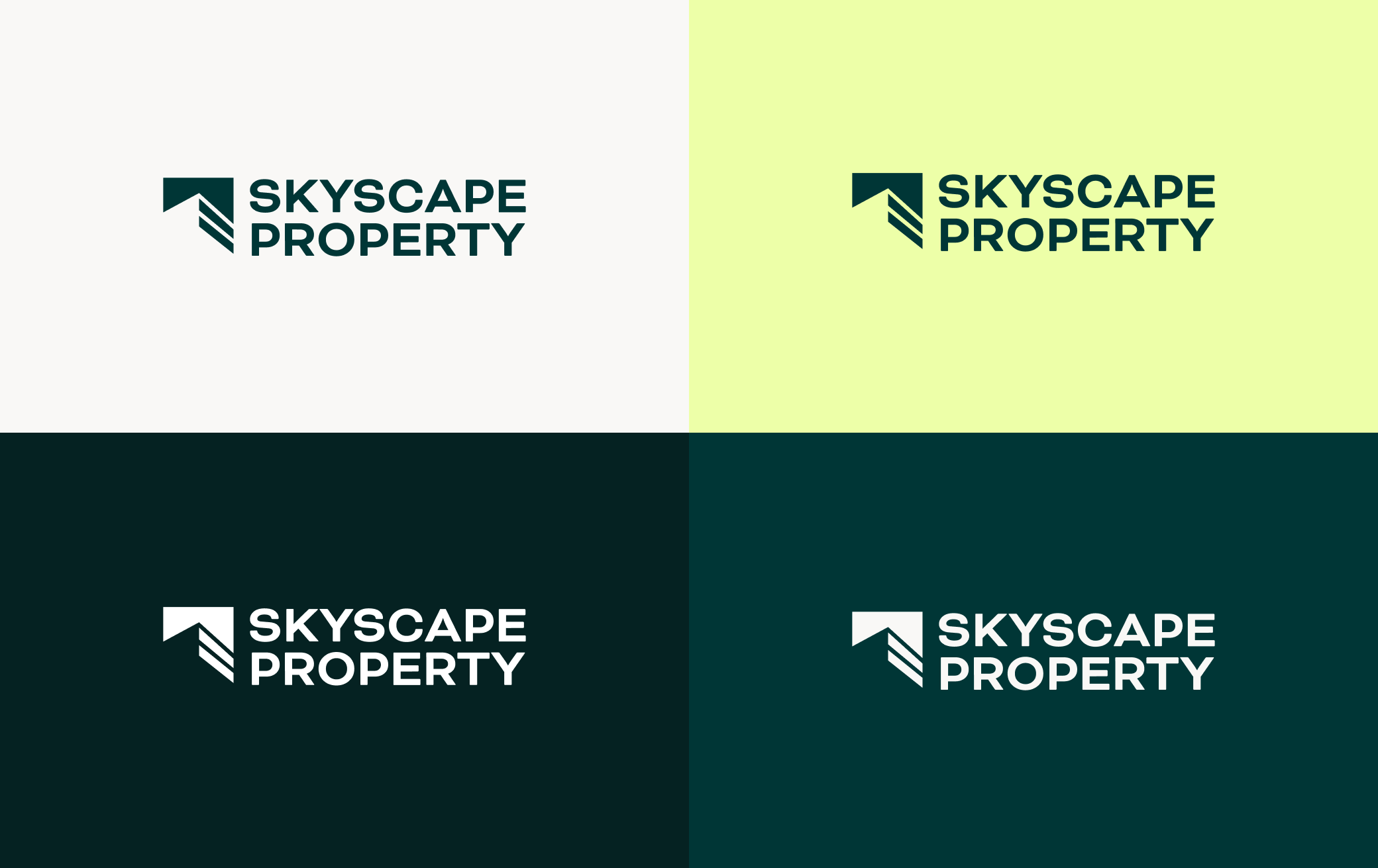 Logo variations created for Skyscape Property, showcasing the flexibility of the brand identity across multiple colour palettes.