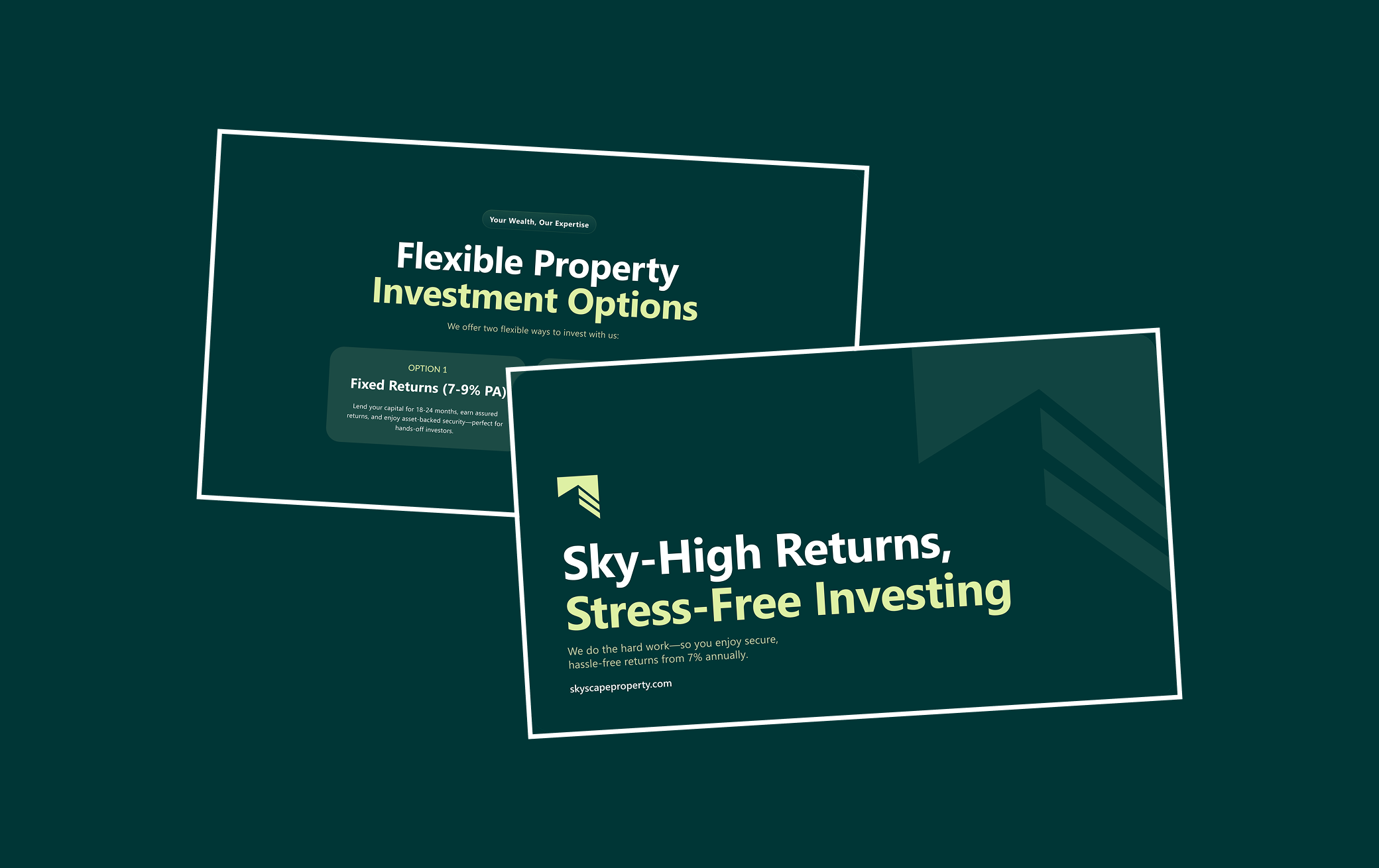 Pitch deck designs created for Skyscape Property, applying the new brand identity across presentation materials.