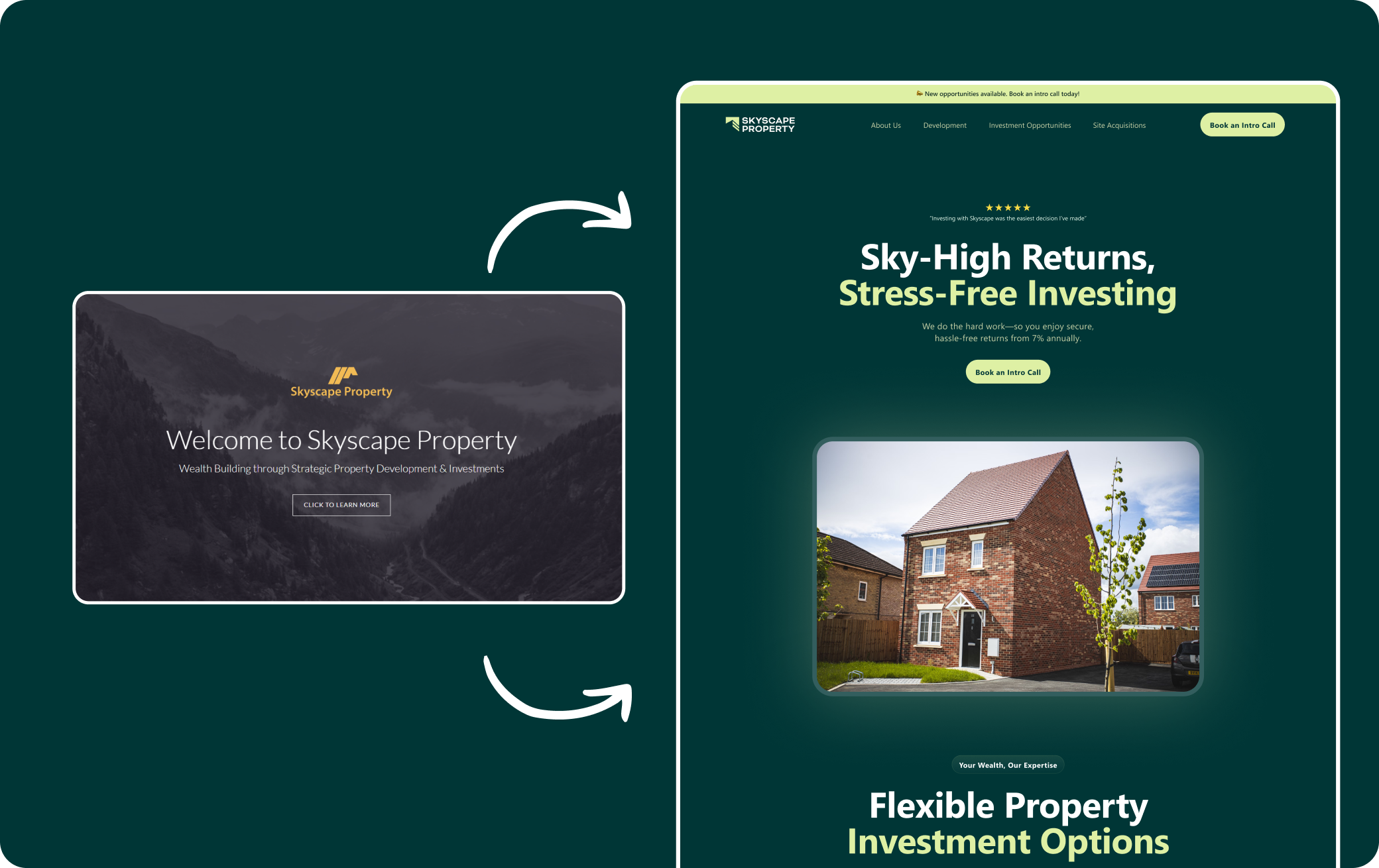 Before and after comparison showcasing the transformation of the Skyscape Property website.