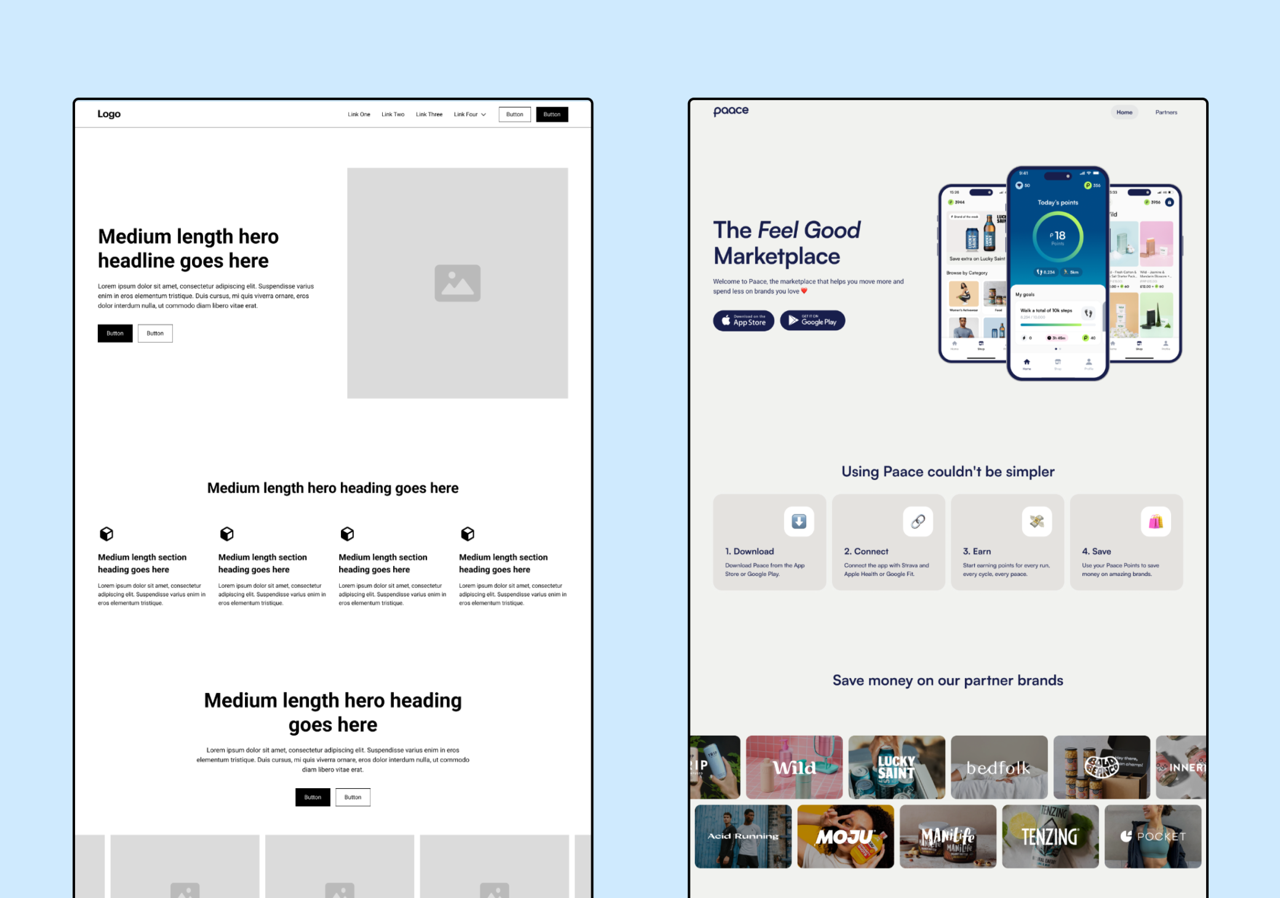 Wireframe and final homepage design comparison showcasing the evolution of the Paace website experience.