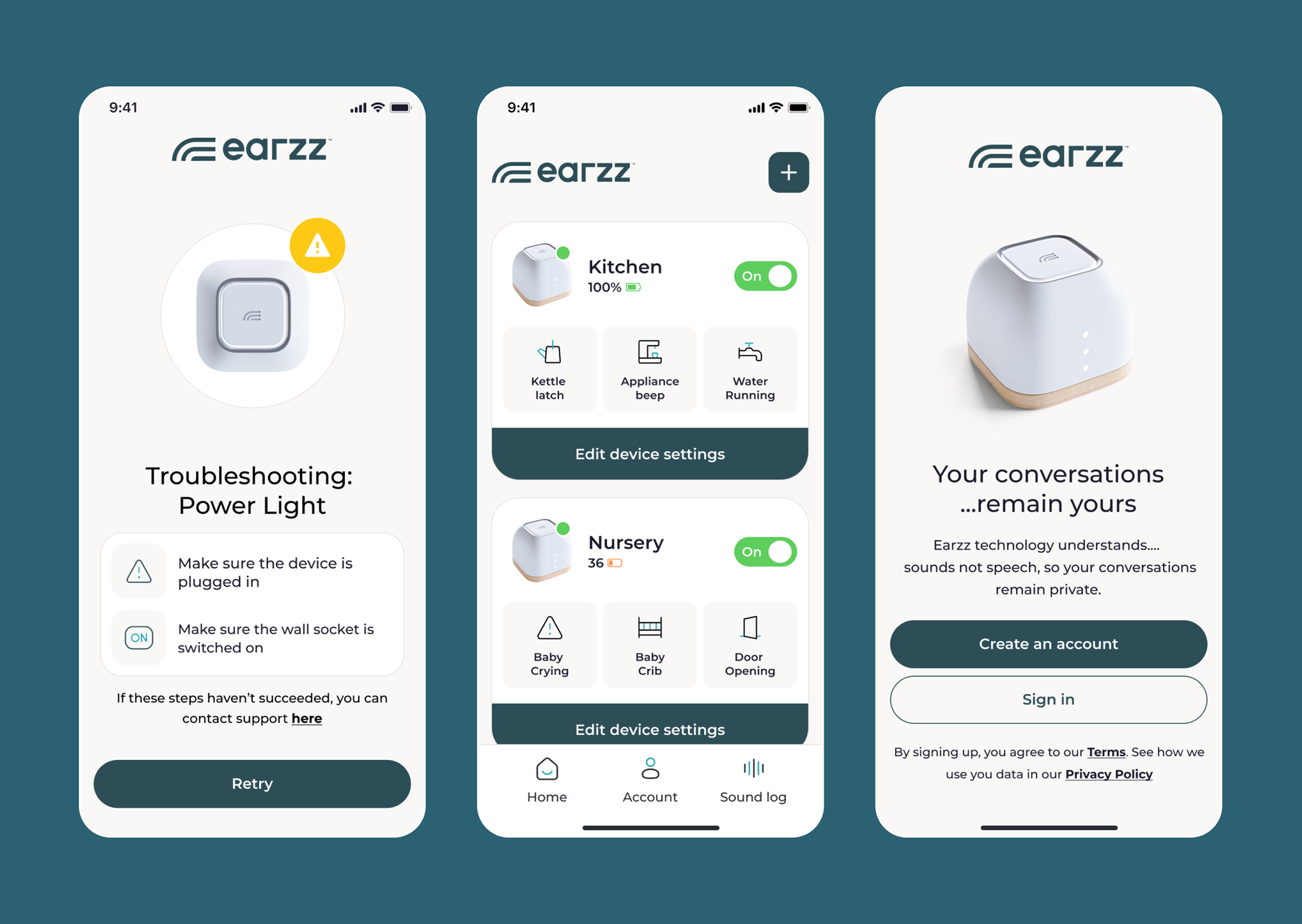 High-fidelity mobile app screens created for Earzz to help users monitor and manage their smart home devices.