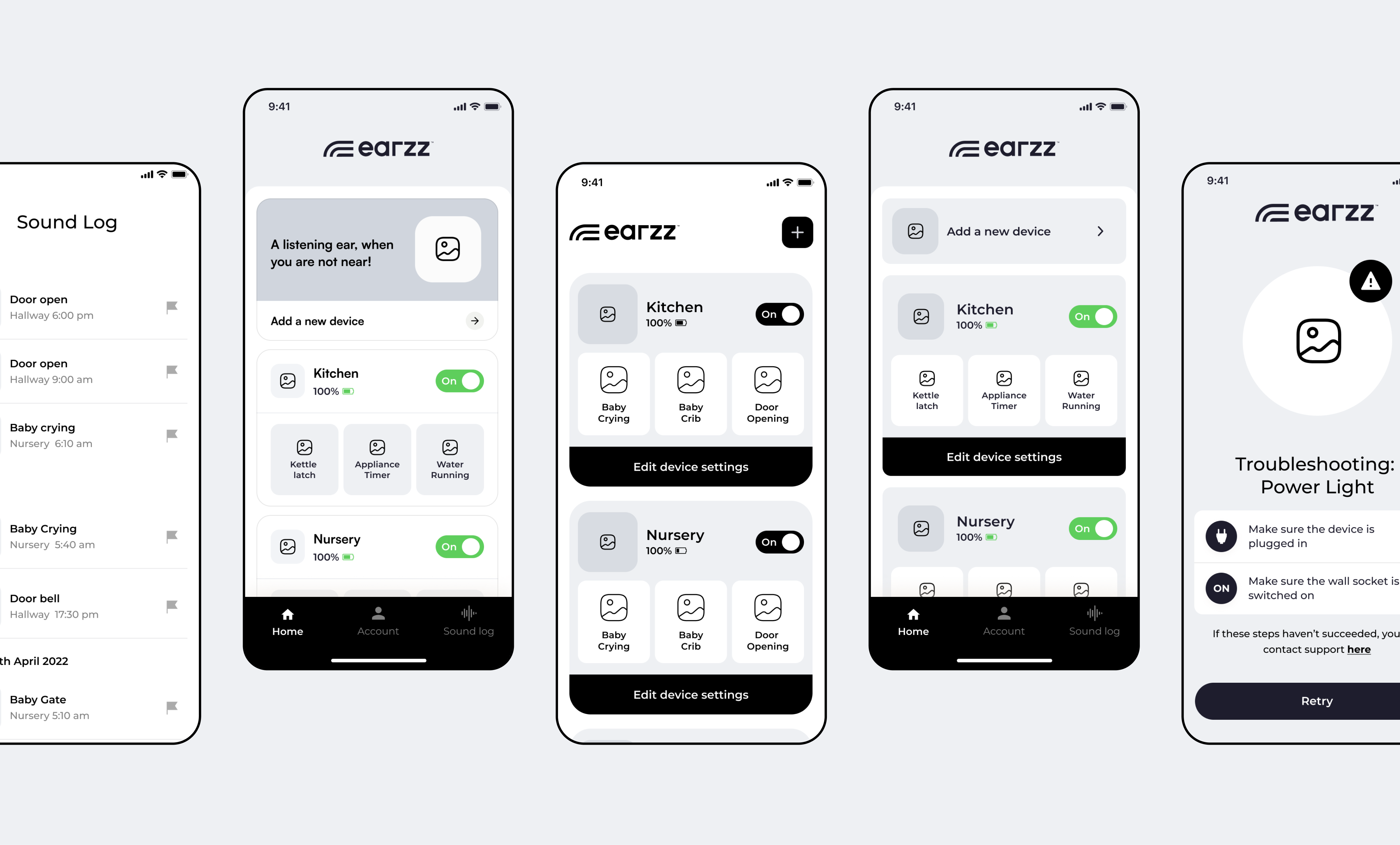 Wireframe concepts created for Earzz to explore different ways of presenting key features on the home screen.