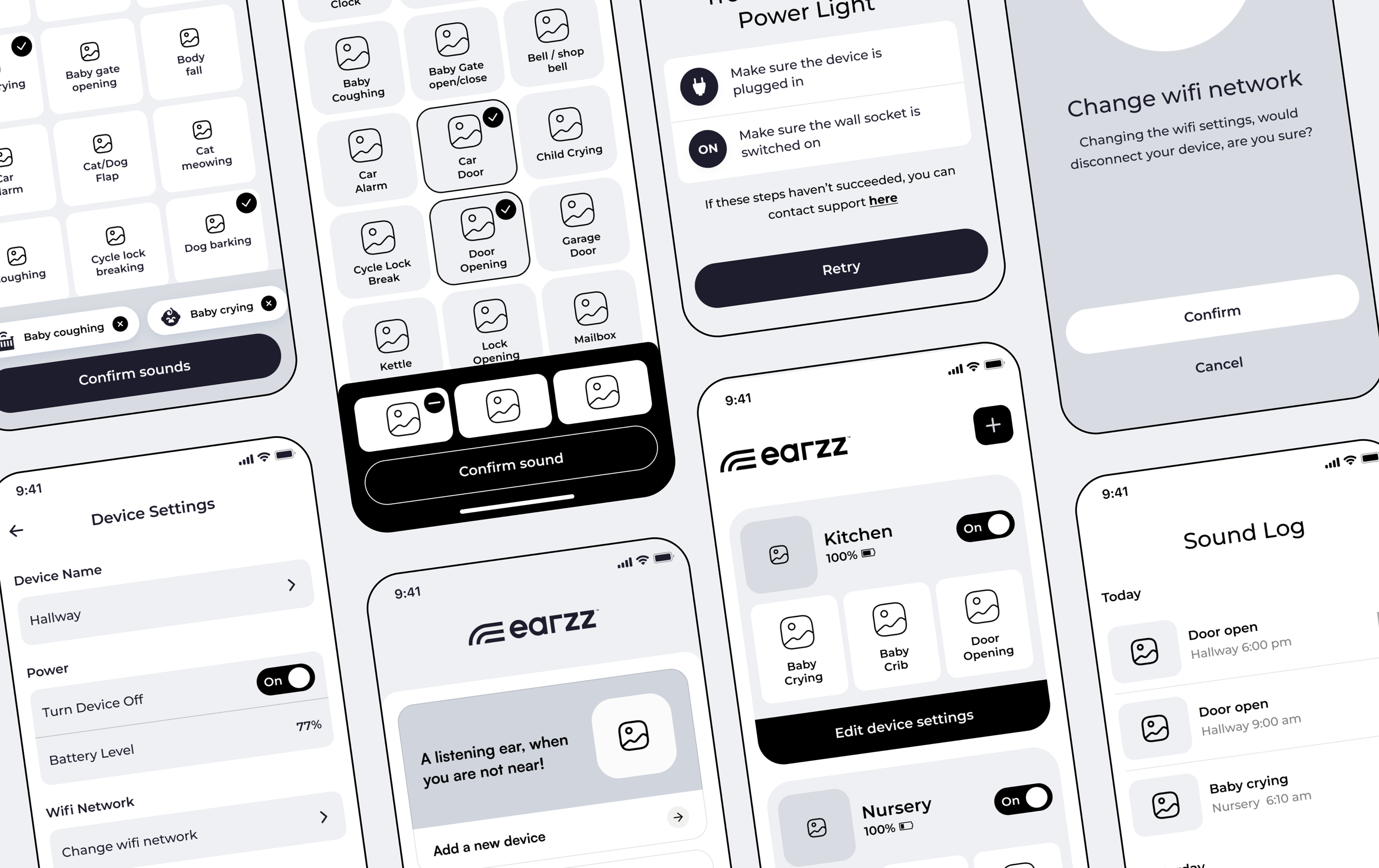 Low-fidelity wireframes created for Earzz to define the structure and flow of the core app experience.