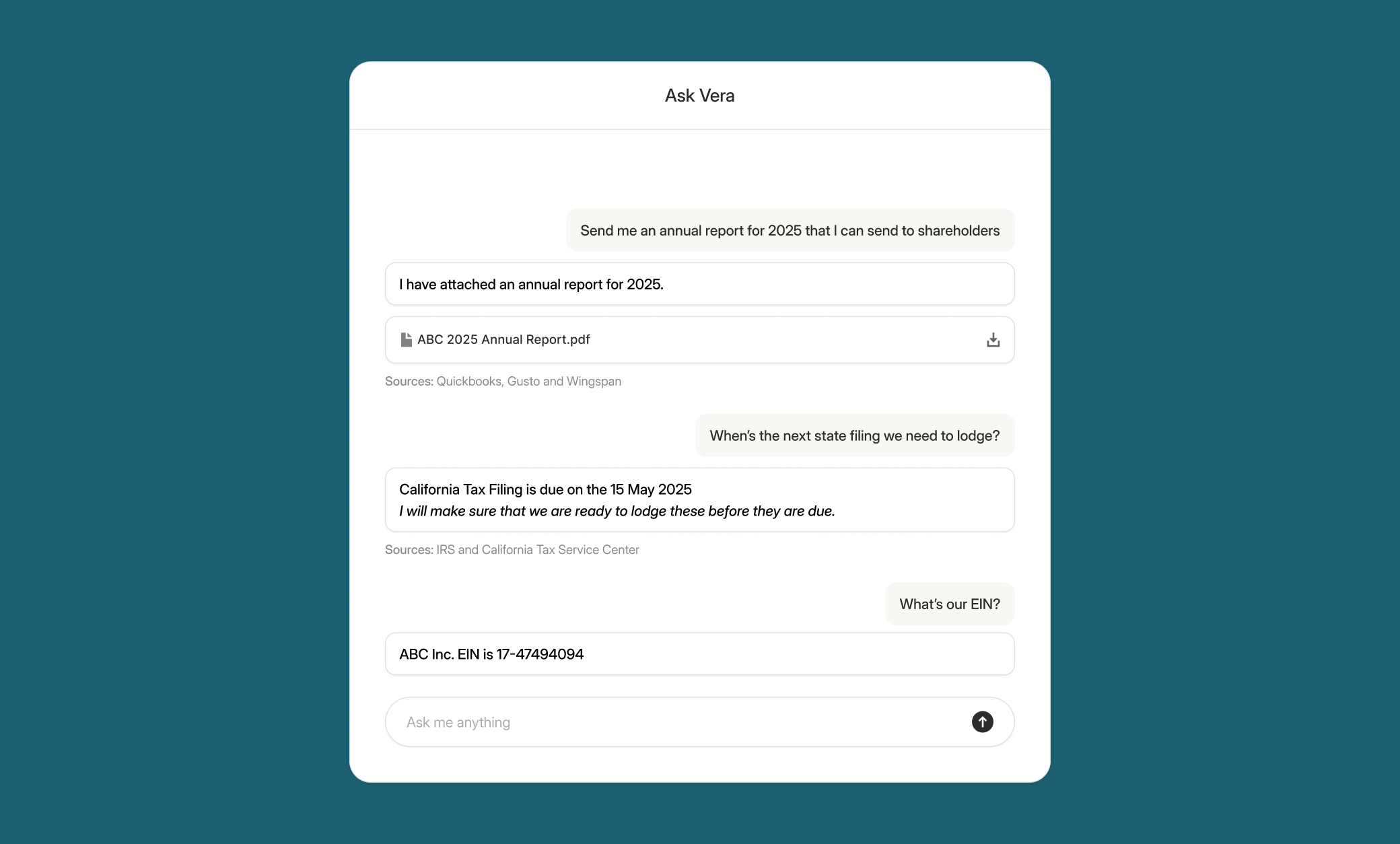 AI chatbot interface created for Vera to help users manage tasks and access business information.