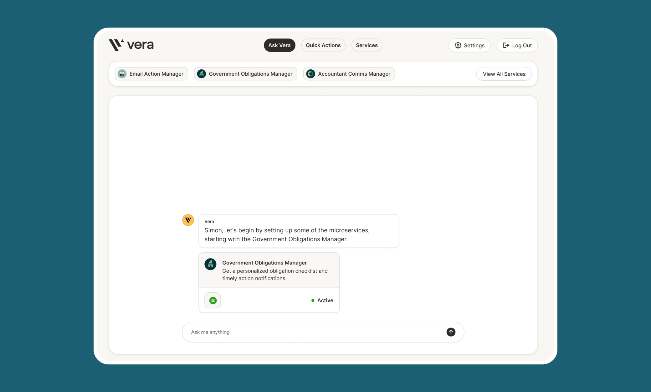 AI-powered assistant interface designed for Vera to provide instant support and business insights.