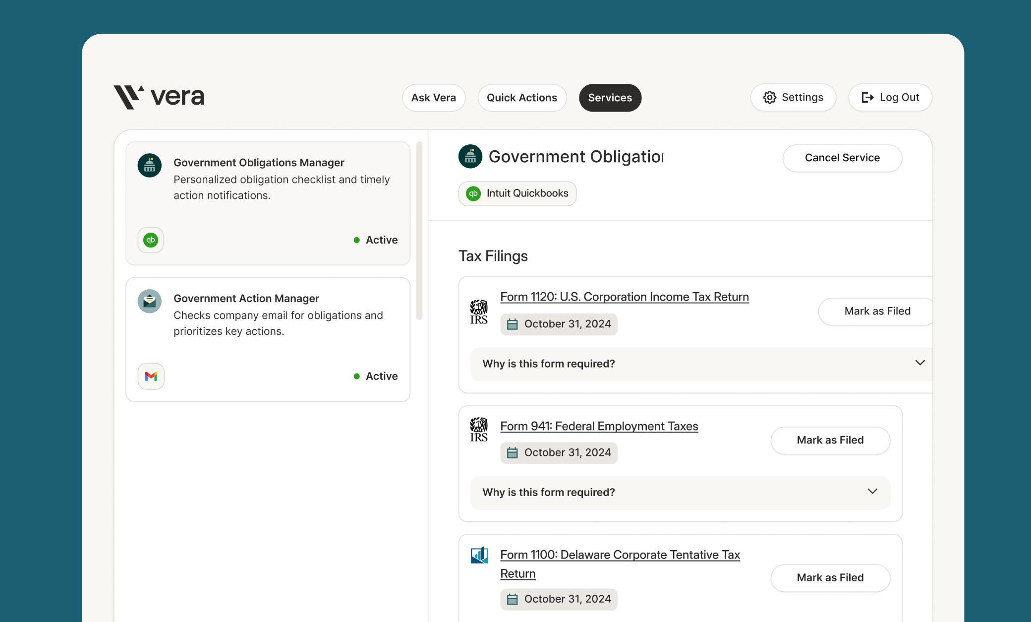 Product interface designed for Vera to simplify business management and automate key tasks.