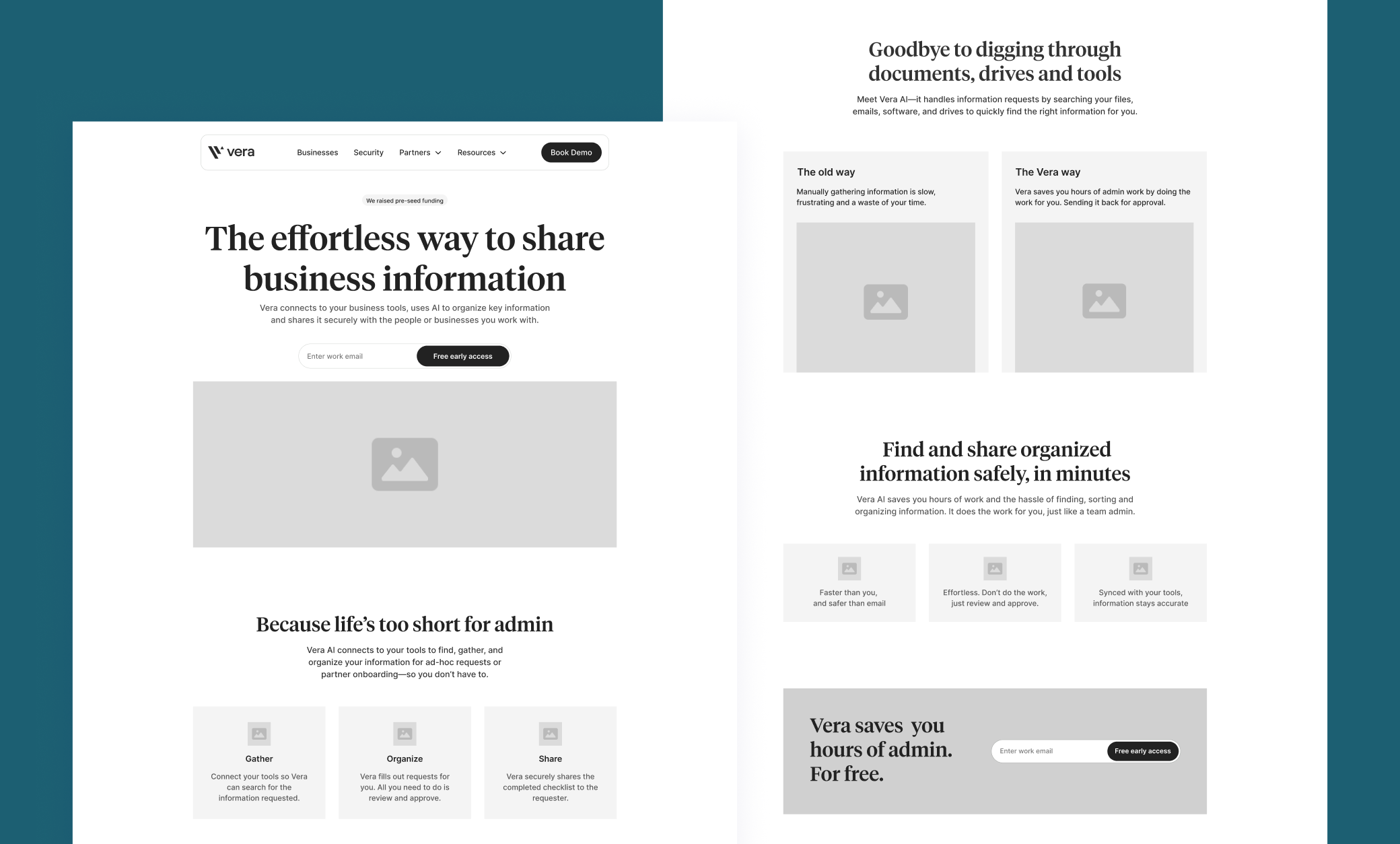 Website wireframe concepts created for Vera to explore layouts and user journeys.