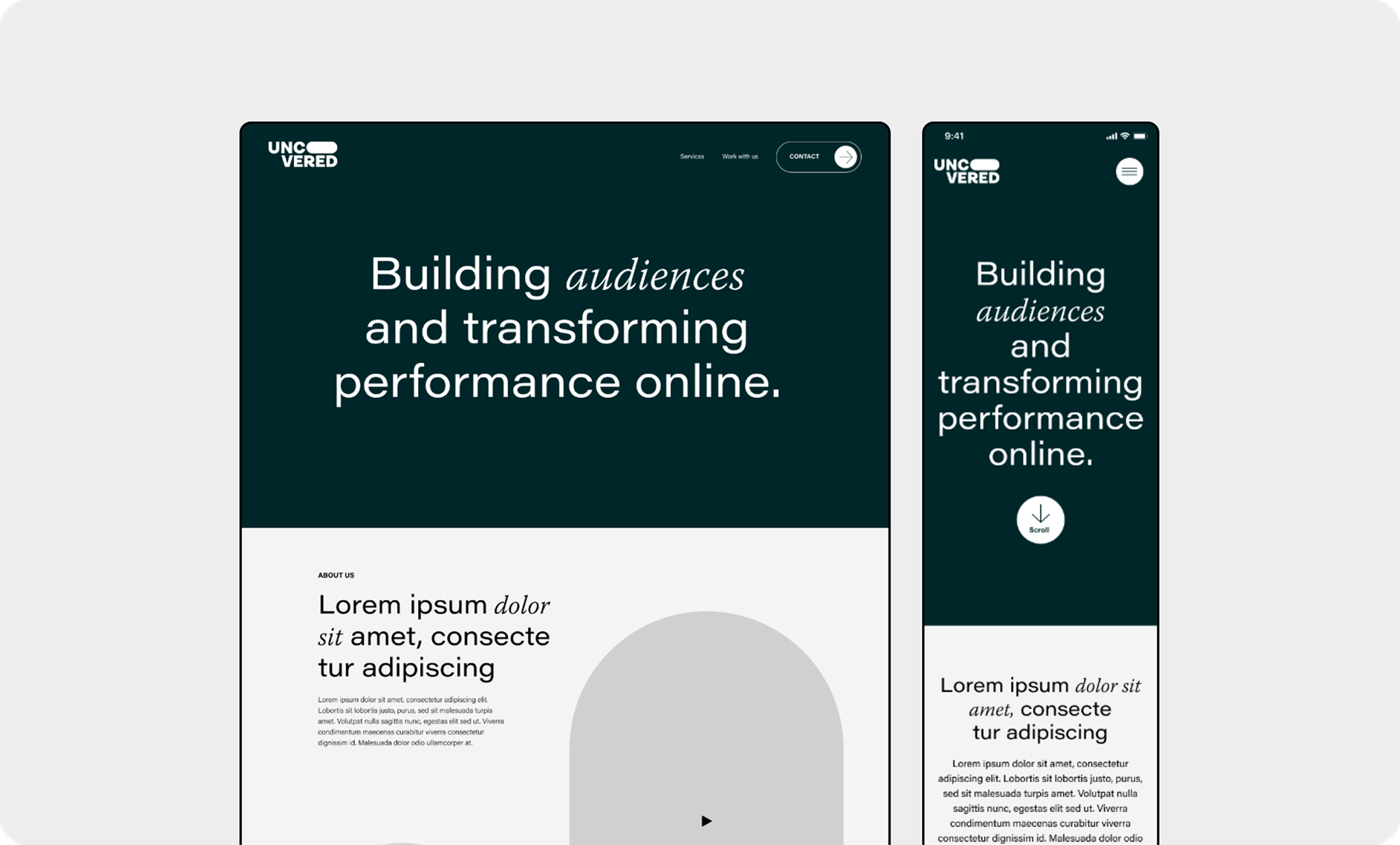 Website wireframe concepts created for Uncovered Group across desktop and mobile devices to define the user experience.