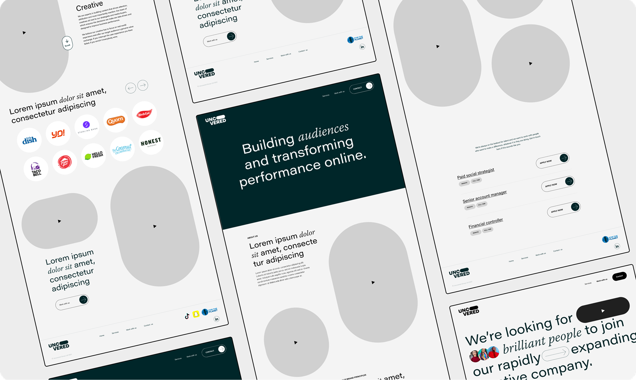 Low-fidelity wireframes created for the Uncovered Group website to establish page layouts and content hierarchy.