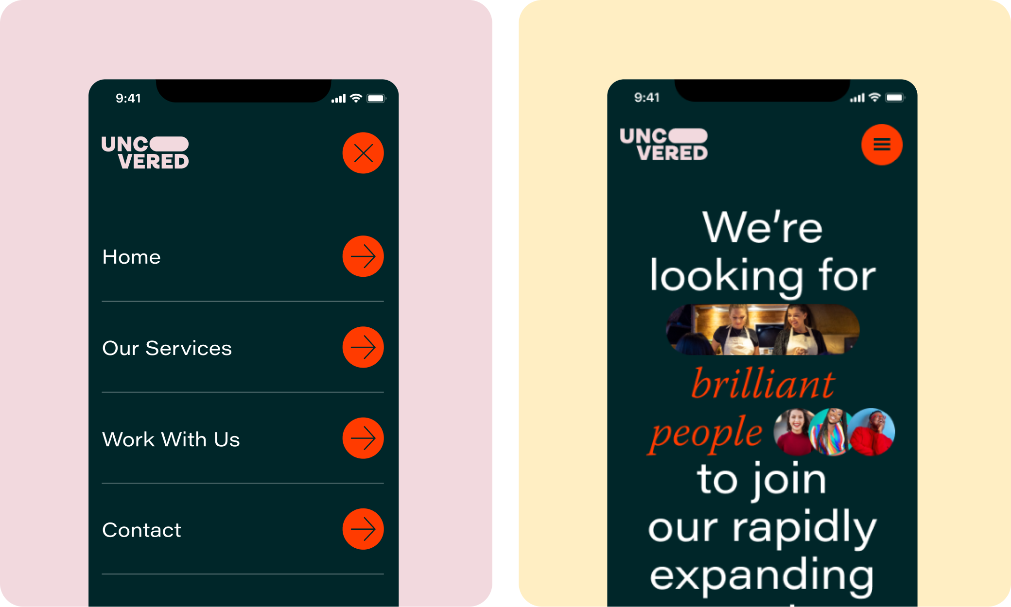 Responsive mobile website designs created for Uncovered Group, including the navigation menu and homepage hero section.