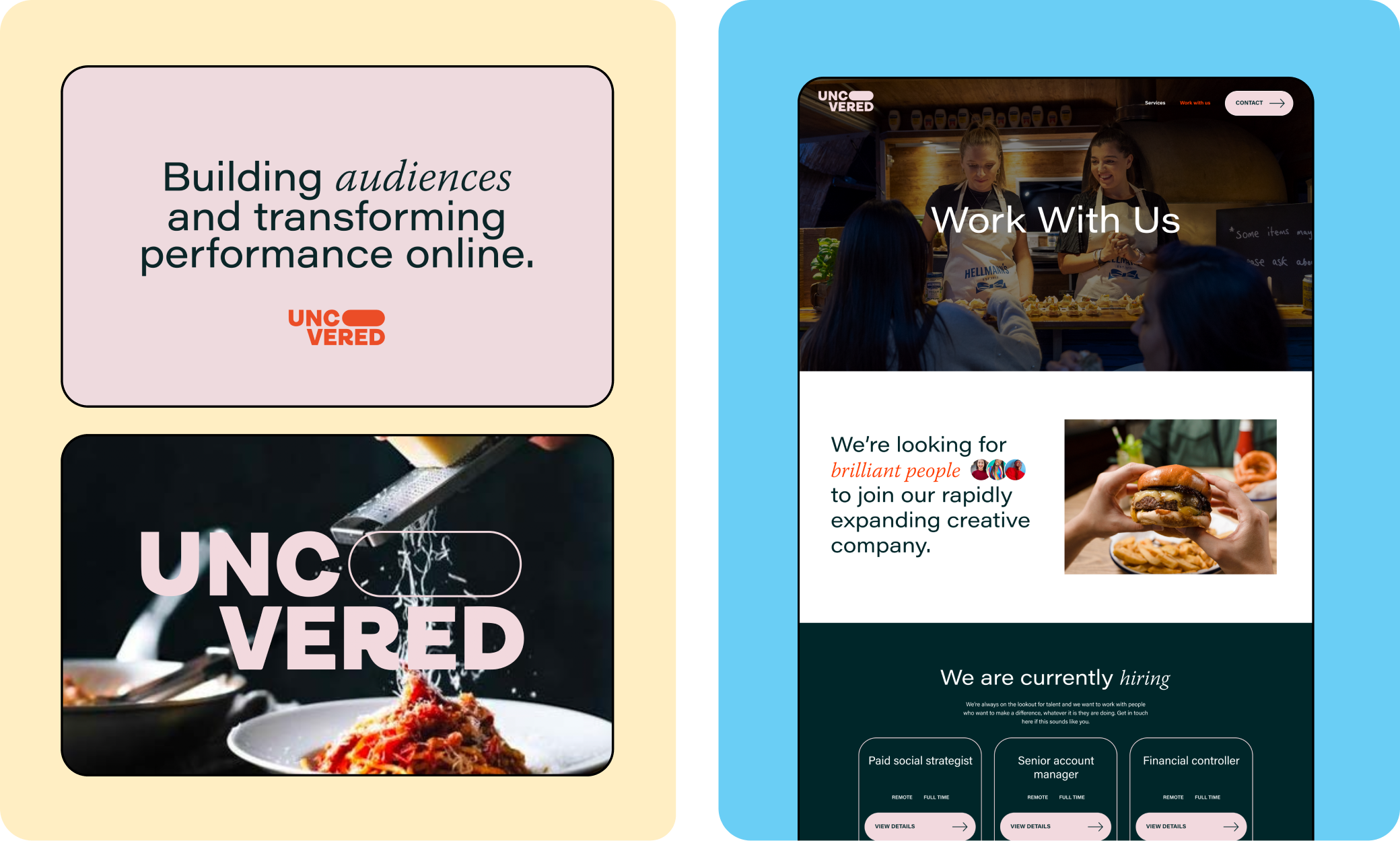 Collage showcasing the Uncovered Group brand identity, imagery and website designs.