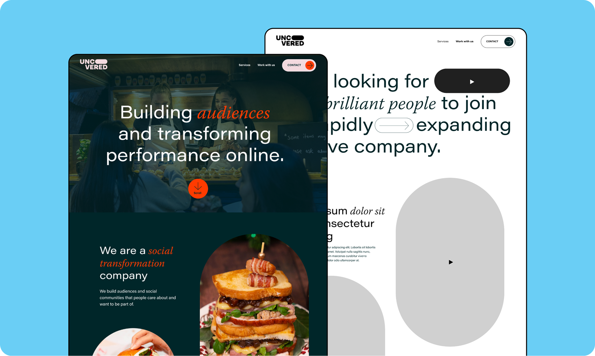 Wireframe and final homepage design comparison showcasing the evolution of the Uncovered Group website.